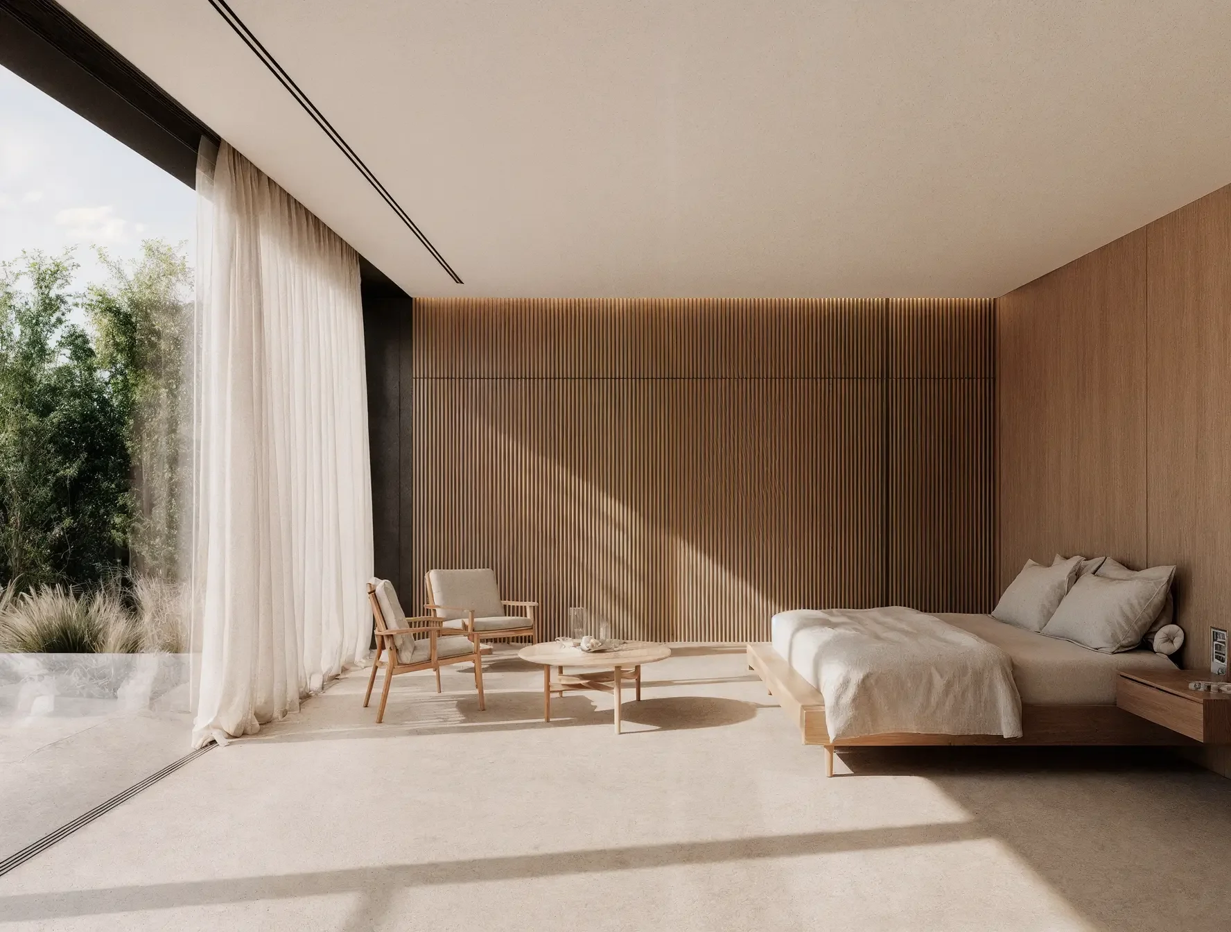 Bedroom interior with minimalist design, natural lighting, and refined materials
