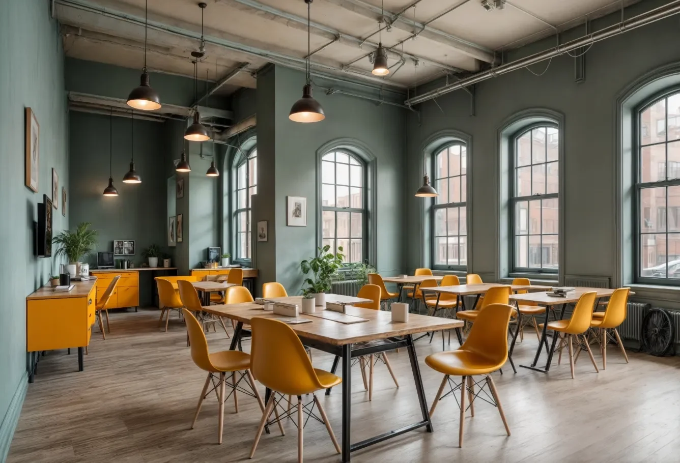 Industrial-style workspace with green walls, exposed ceiling, and yellow chairs around shared tables