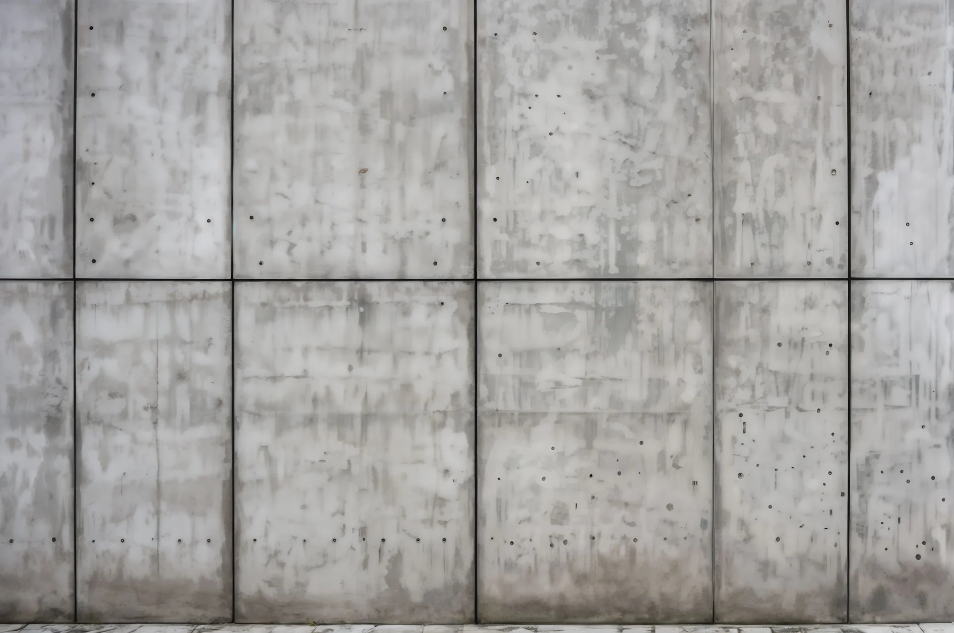 Concrete wall with nine rectangular panels and visible black dots and streaks.