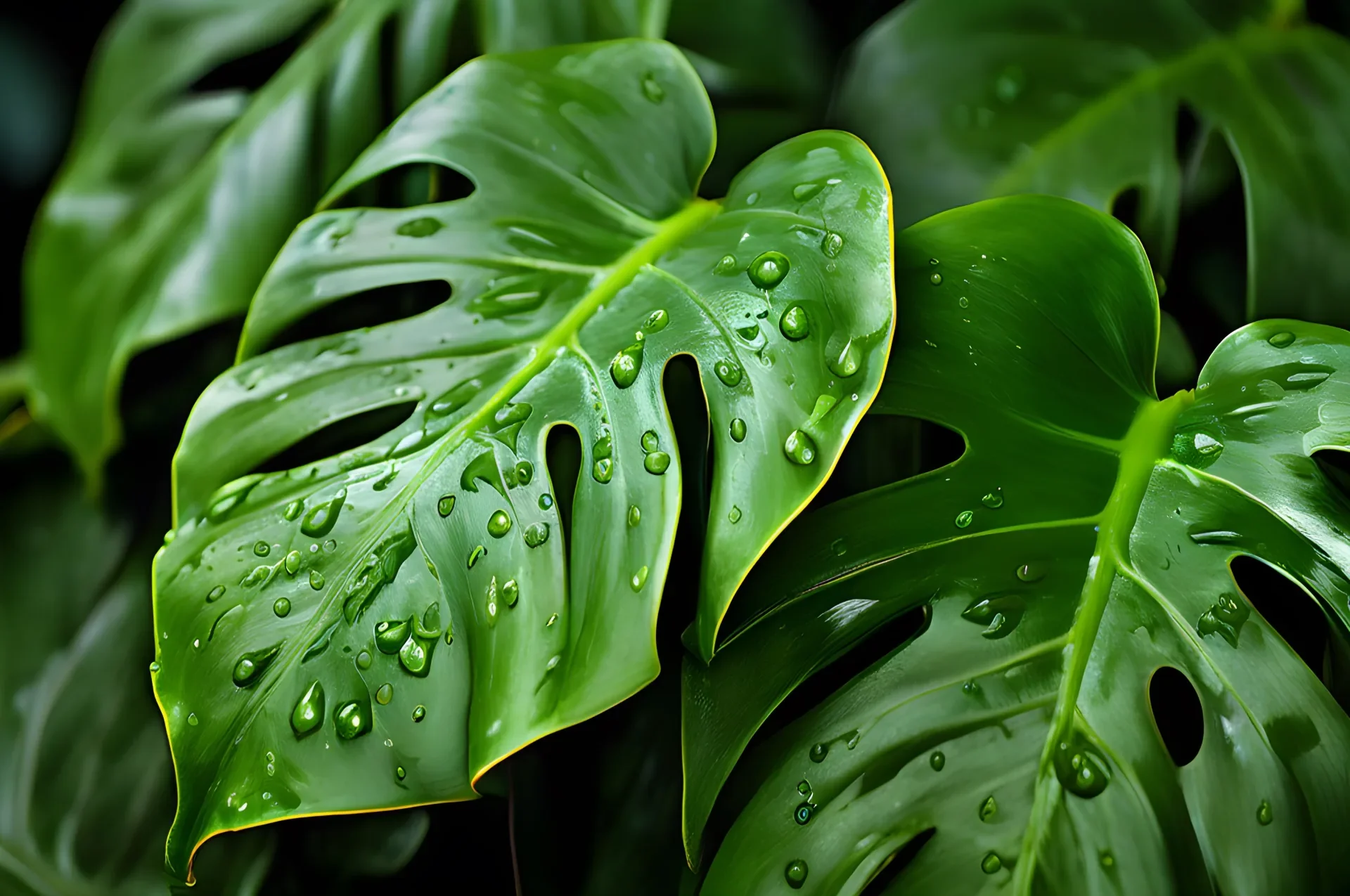 Primer plano de hojas de monstera verdes con gotas de agua