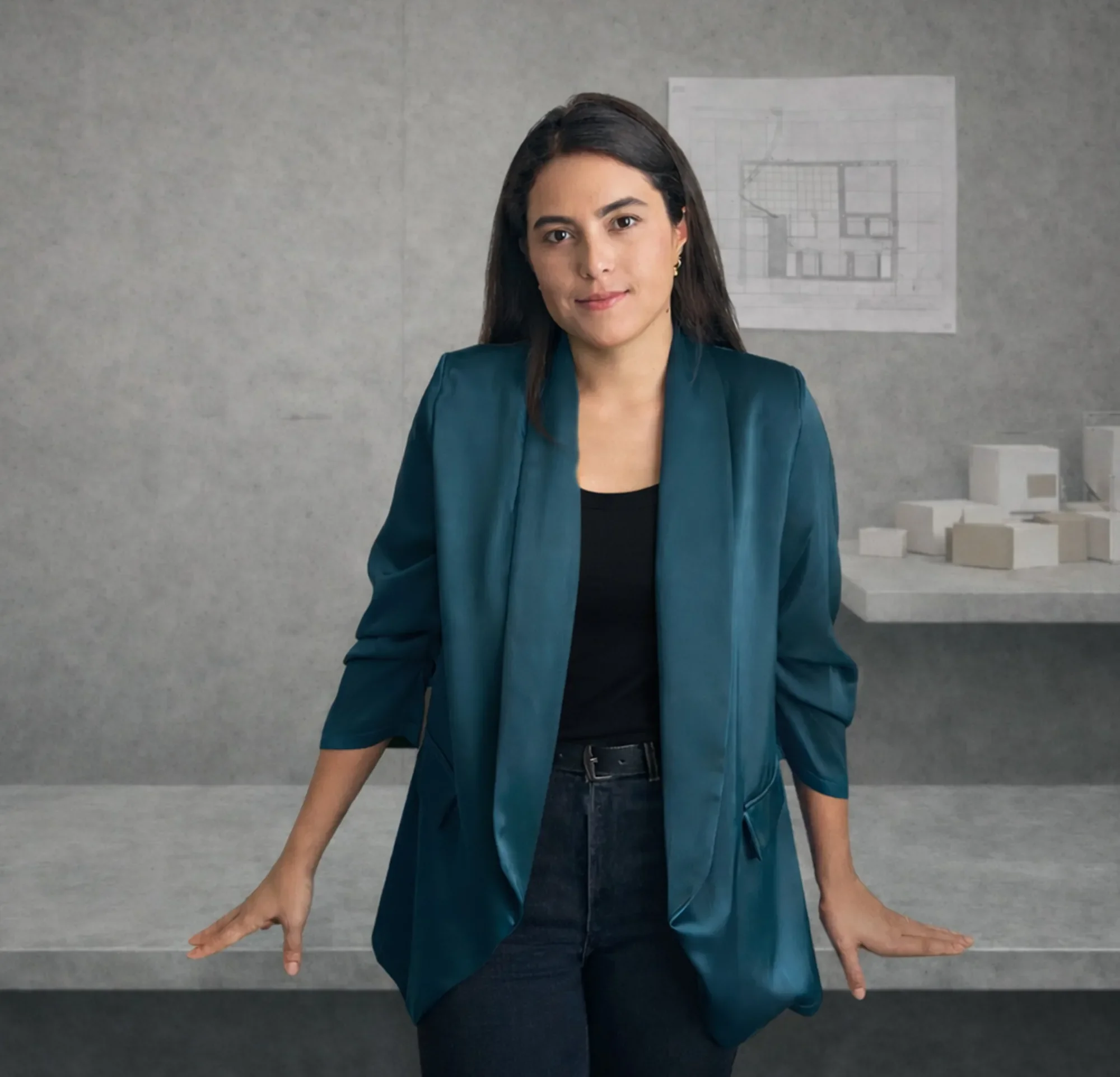 Jihan Vivas, co-founder of VidaStudio, standing in a modern concrete interior with architectural models and plans in the background.