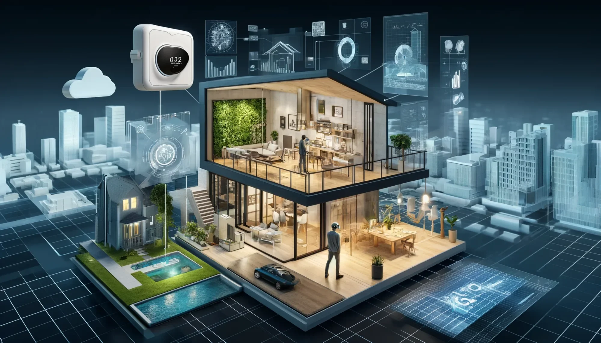 Concepto de hogar inteligente con casa moderna en corte, sistemas IoT integrados, capas de datos y entorno urbano conectado