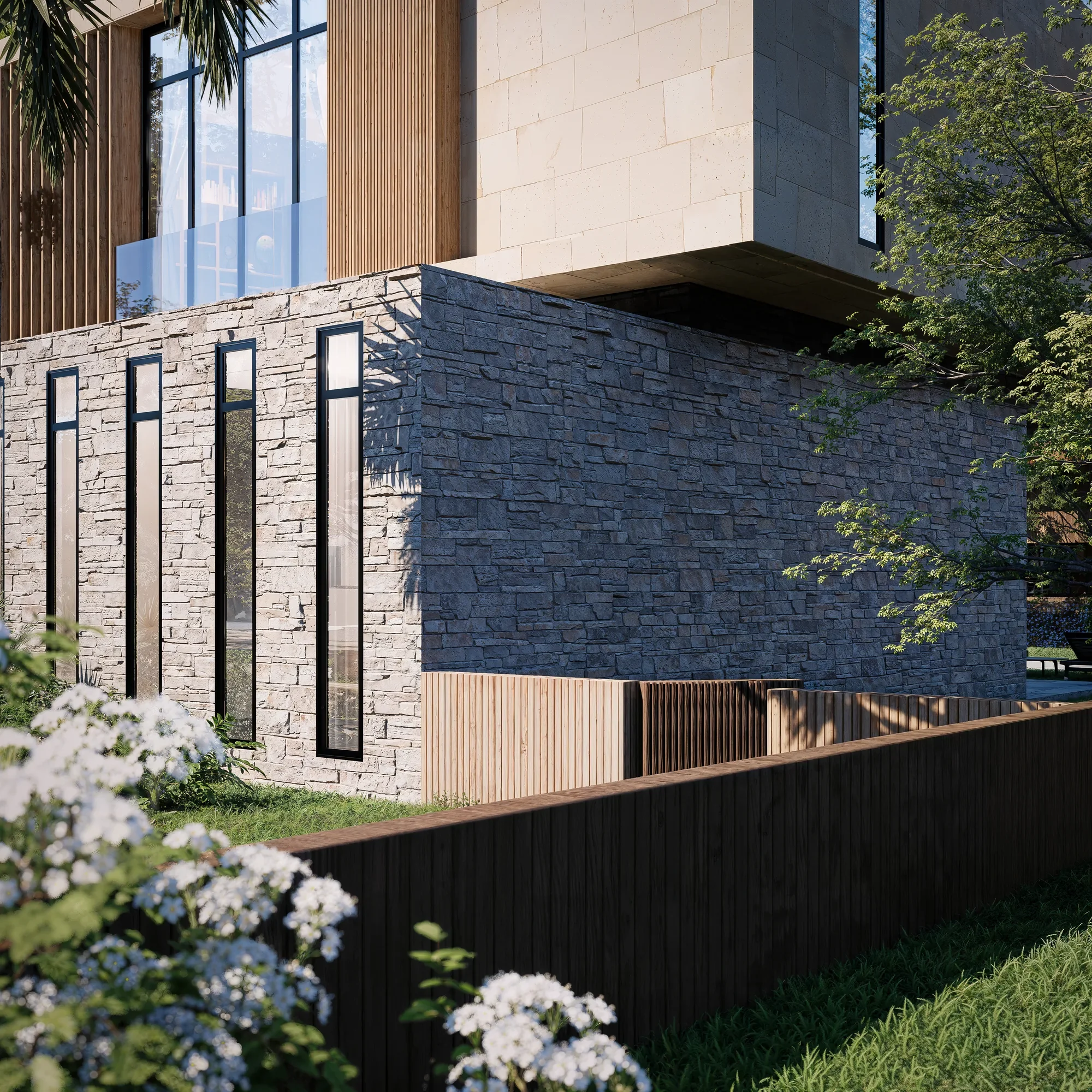 Architectural corner detail showcasing the contrast between textured stone base and warm vertical wood cladding above.