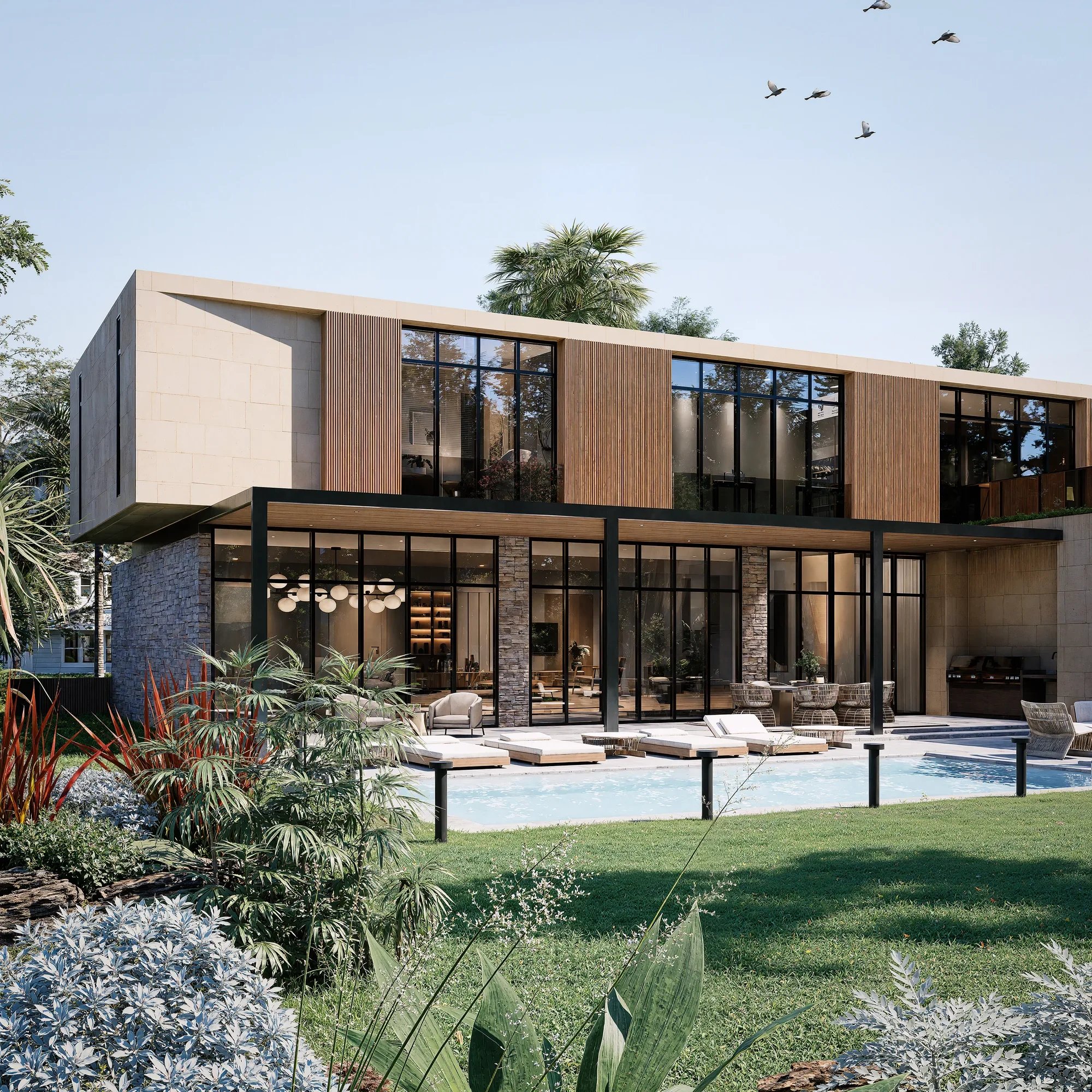 Rear façade opening to a landscaped garden and pool terrace, featuring floor-to-ceiling glass and seamless indoor–outdoor living spaces.