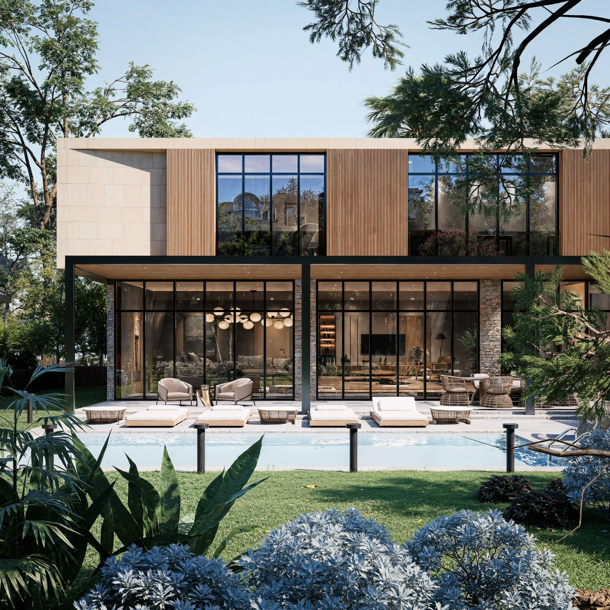 Modern residential architecture emphasizing openness and natural light, with integrated greenery and strong horizontal lines.