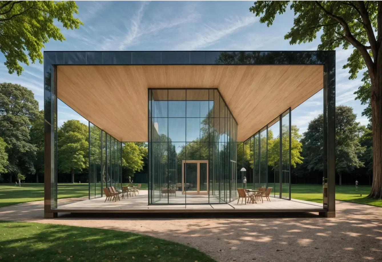 modern pavilion with glass casing and wood canopy