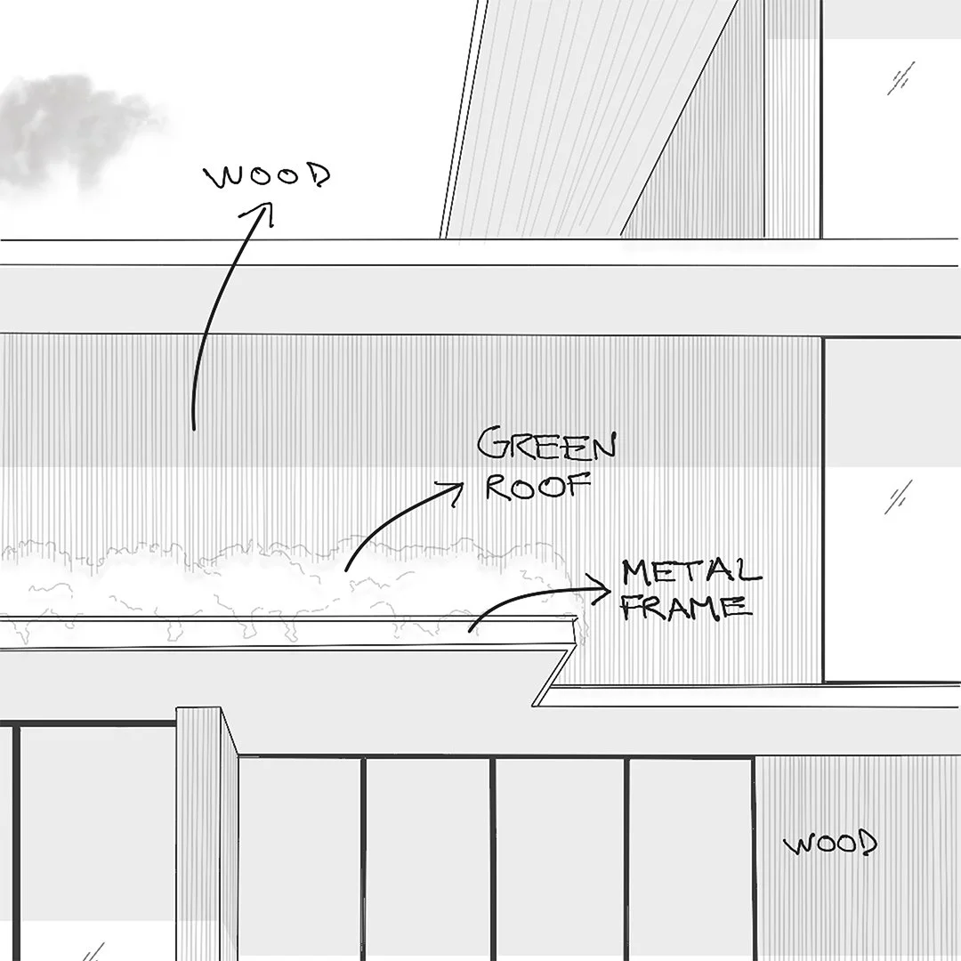 Contemporary house architectural sketch showing wood facade, green roof, and metal frame construction details