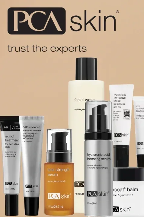 PCA skin skincare products including facial wash, retinol treatment, total strength serum, hyaluronic acid boosting serum, and other skincare items displayed on a beige background with the PCA skin logo and the slogan 'trust the experts'.