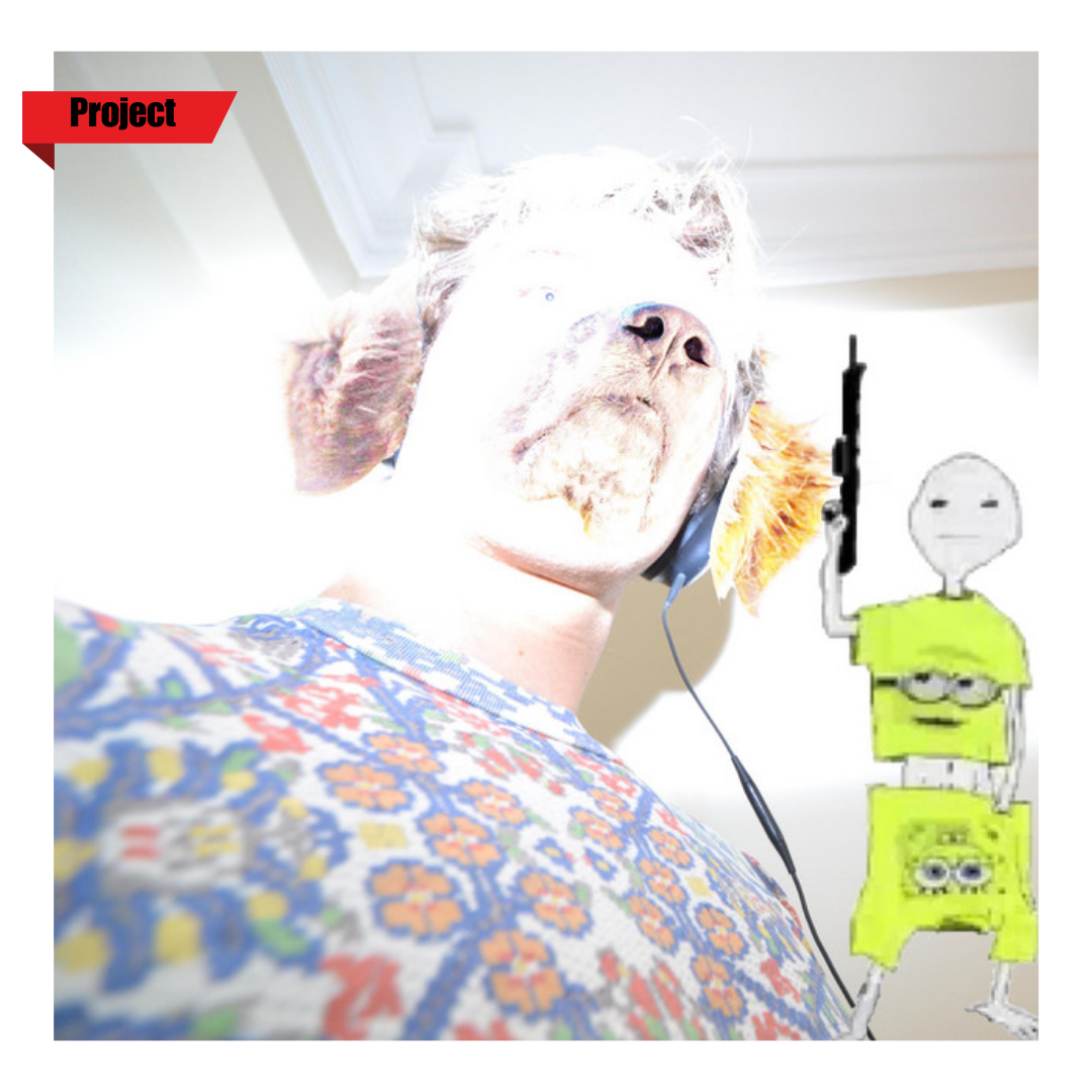Person with a dog face filter wearing headphones, standing against a bright background, with a cartoon character holding a rifle and a flag labeled 'Project' in the upper left corner.