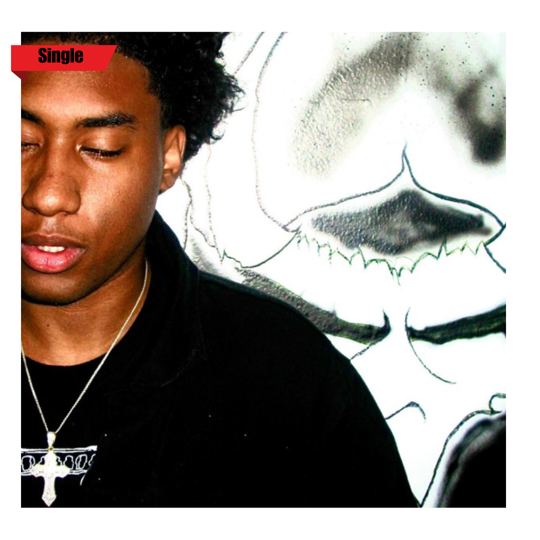Young man with closed eyes, wearing a black shirt and silver necklace, with partial outline of a dragon or mythical creature in the background, and a red label with black text that says 'Single' in the top left corner.