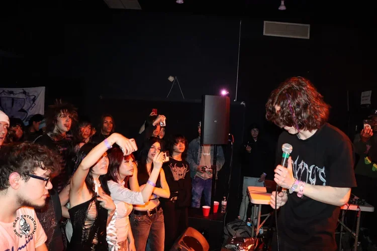 A singer holding a microphone performs on stage in front of a crowd at a concert or music event.