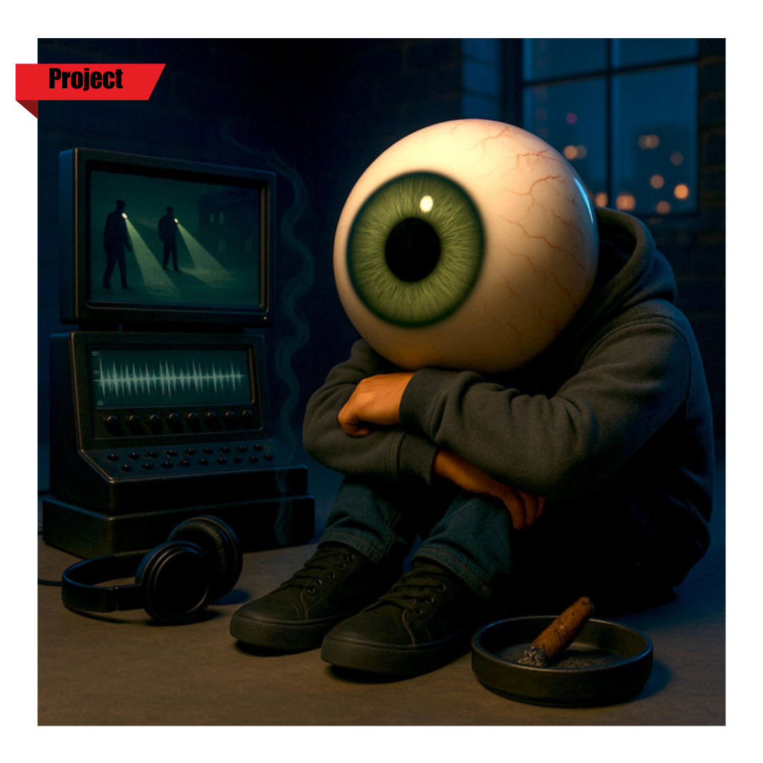 Person with an eyeball mask sitting on the floor with a TV, headphones, and a lit cigar nearby, in a dimly lit room.