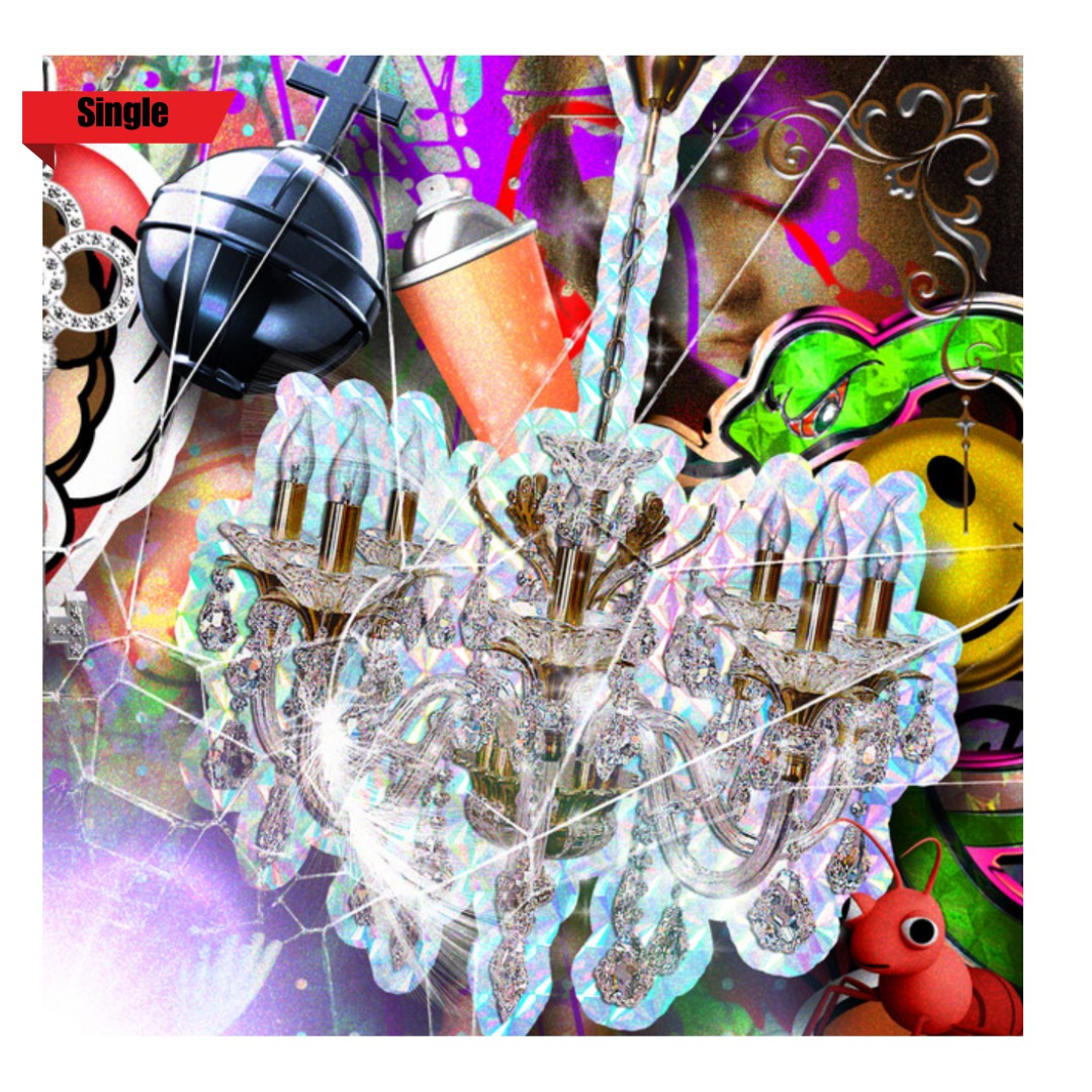 An abstract collage featuring a chandelier, a cartoon finger with a ring, a spray paint can, an ant, a stylized face of a woman, colorful graffiti, and various artistic elements layered together.