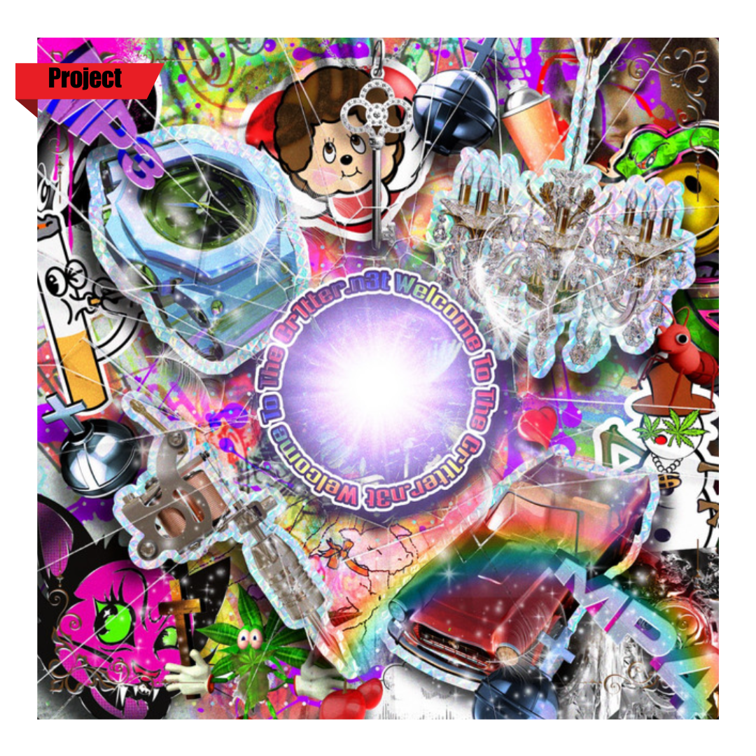 Colorful collage of various playful and quirky stickers including a cartoon boy, a rainbow-colored car, a chandelier, a green lizard, a red ant, a heart, and other abstract and cartoon elements with a central bright glowing circle and the text 'The Ultimate Welcome To The Club'.