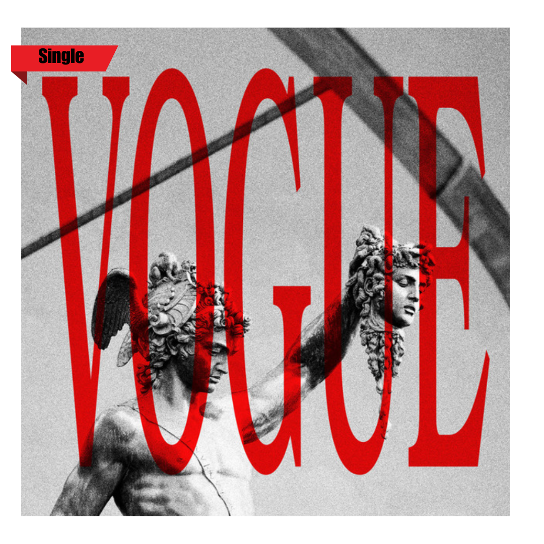 An artistic image of a sculpture of a winged figure holding a cross, partially obscured by the bold red text 'VOGUE' and the small black text 'Single' in the top left corner.