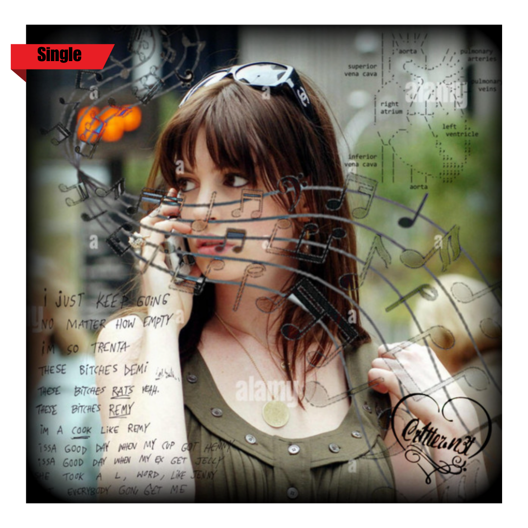 Young woman with brown hair and sunglasses on her head, touching her face and holding a black marker, standing near a glass surface with musical notes, handwritten lyrics, and technical diagram overlays, outdoors with a blurred background.