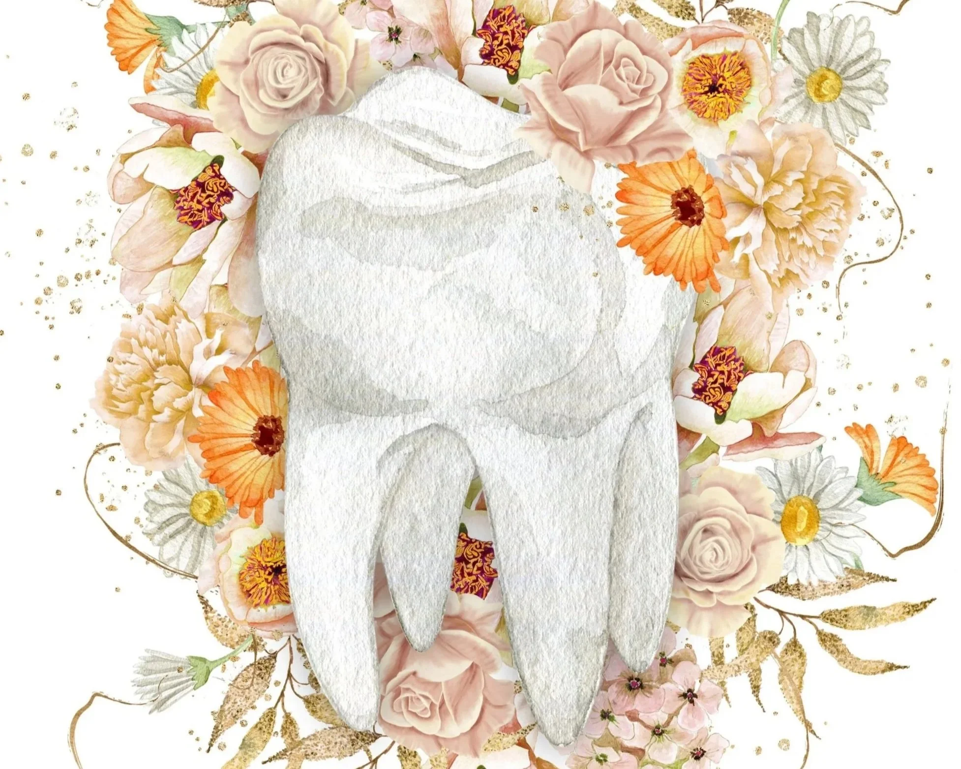 A watercolor painting of a large white tooth surrounded by a floral arrangement of soft pink roses, orange and white daisies, and other flowers with gold accents.