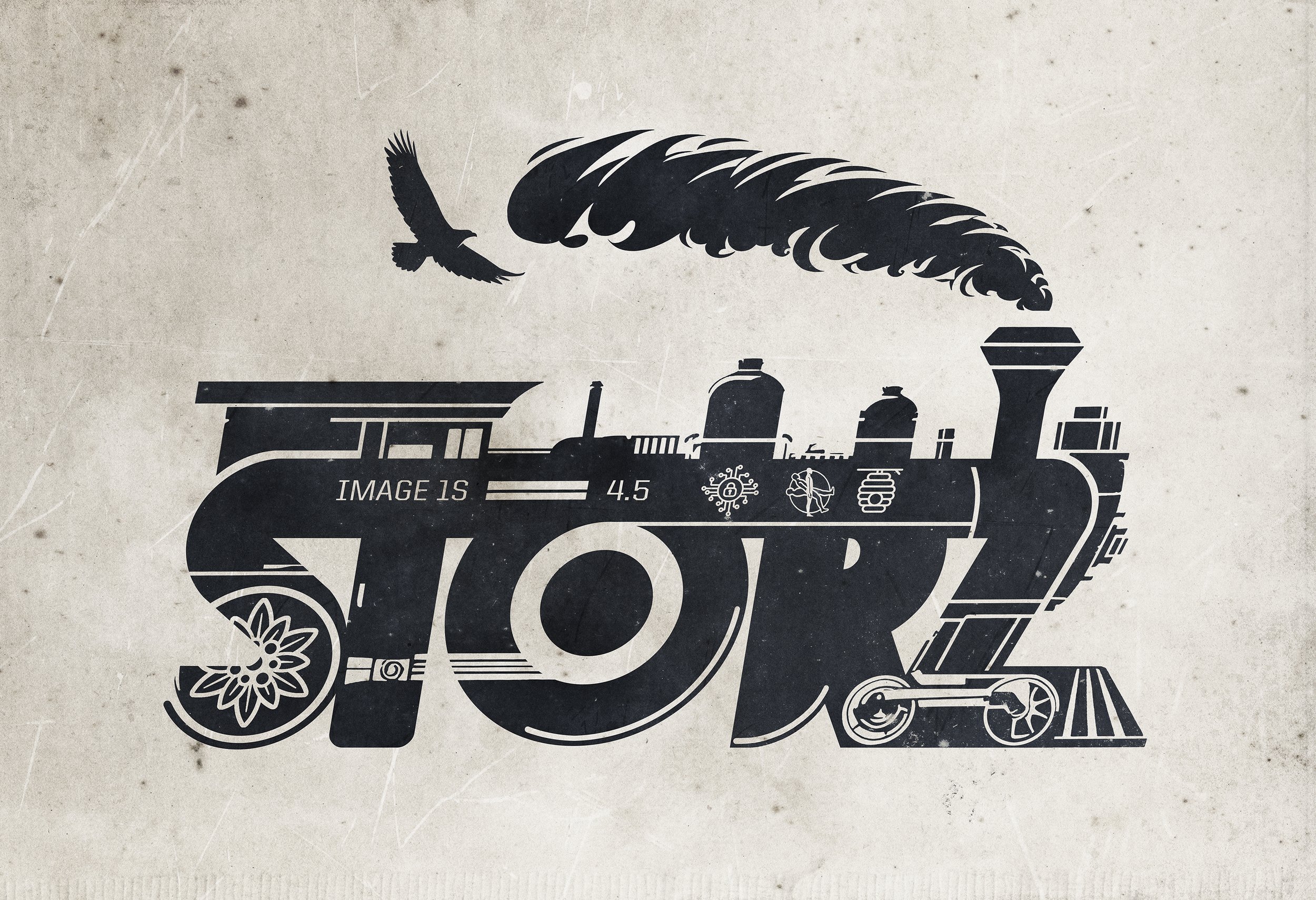 Graphic illustration of a train with a large flower on the front wheel, emitting dark smoke from its chimney. The train has symbols and text on its body, and a bird flying above it.