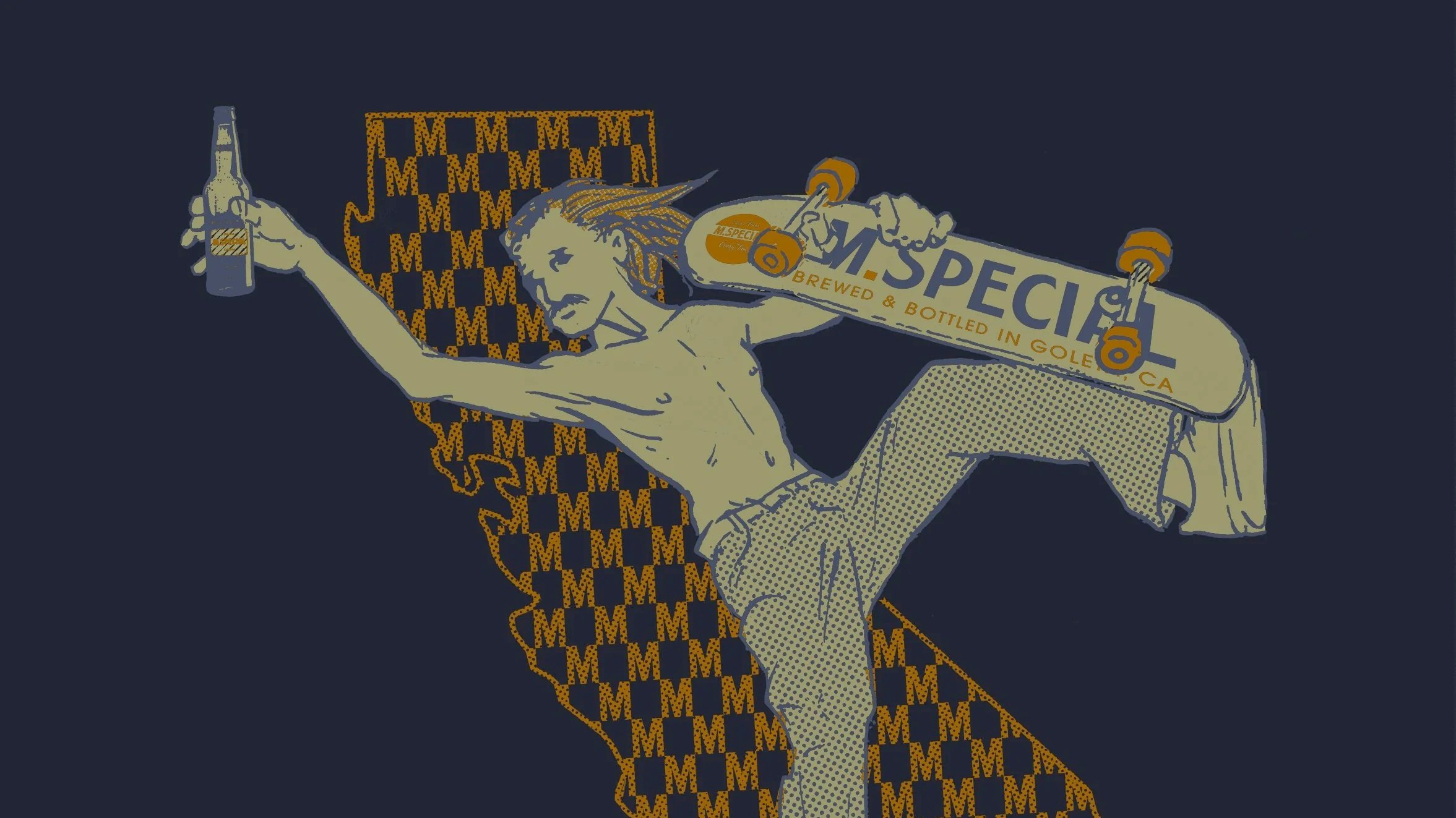Illustration of a shirtless man with long hair in a pose reminiscent of skating, holding a beer bottle in one hand, with a skateboard on his back labeled 'M-Special,' and background featuring a pattern with multiple 'M' letters in orange and blue.