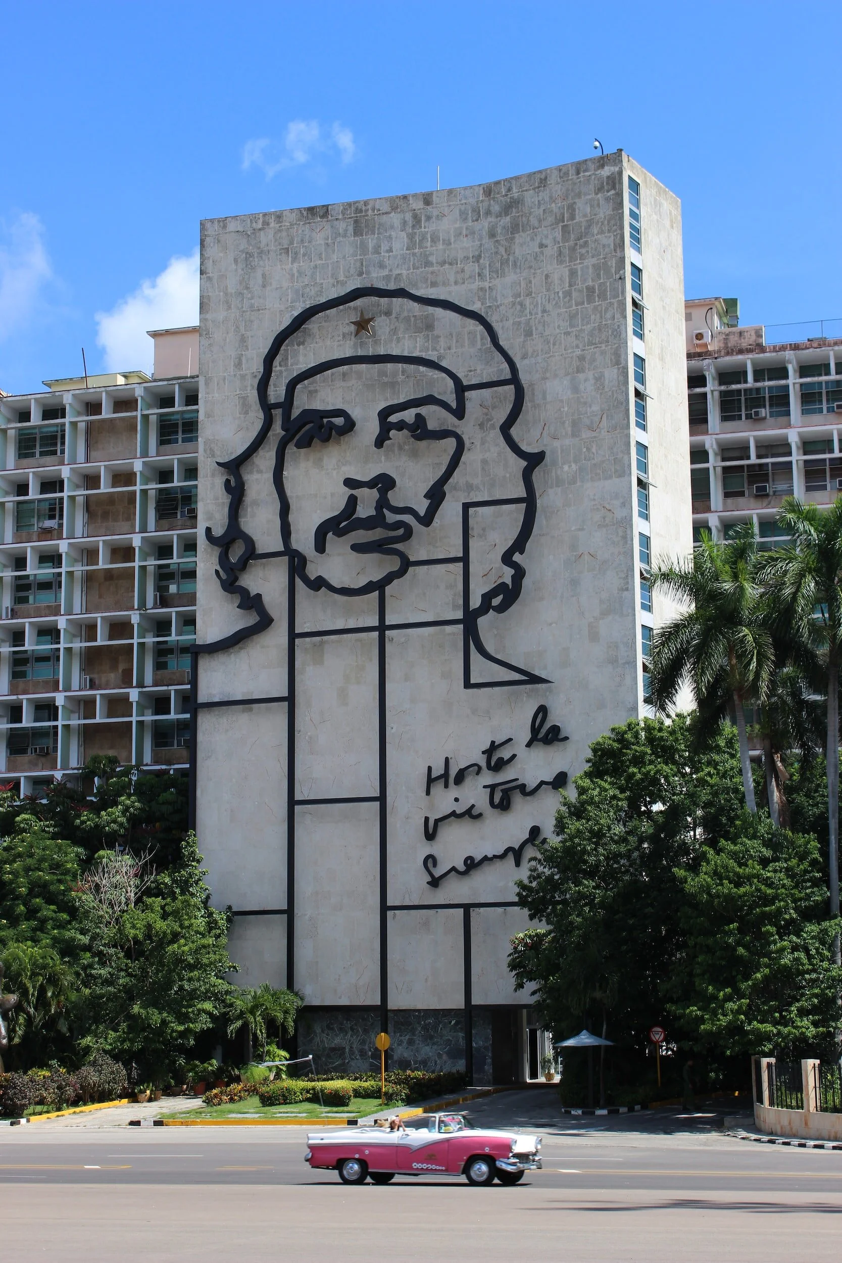 linework mural of fidel castro on the side of a bulding with the phrase "hasta la victore siempre"