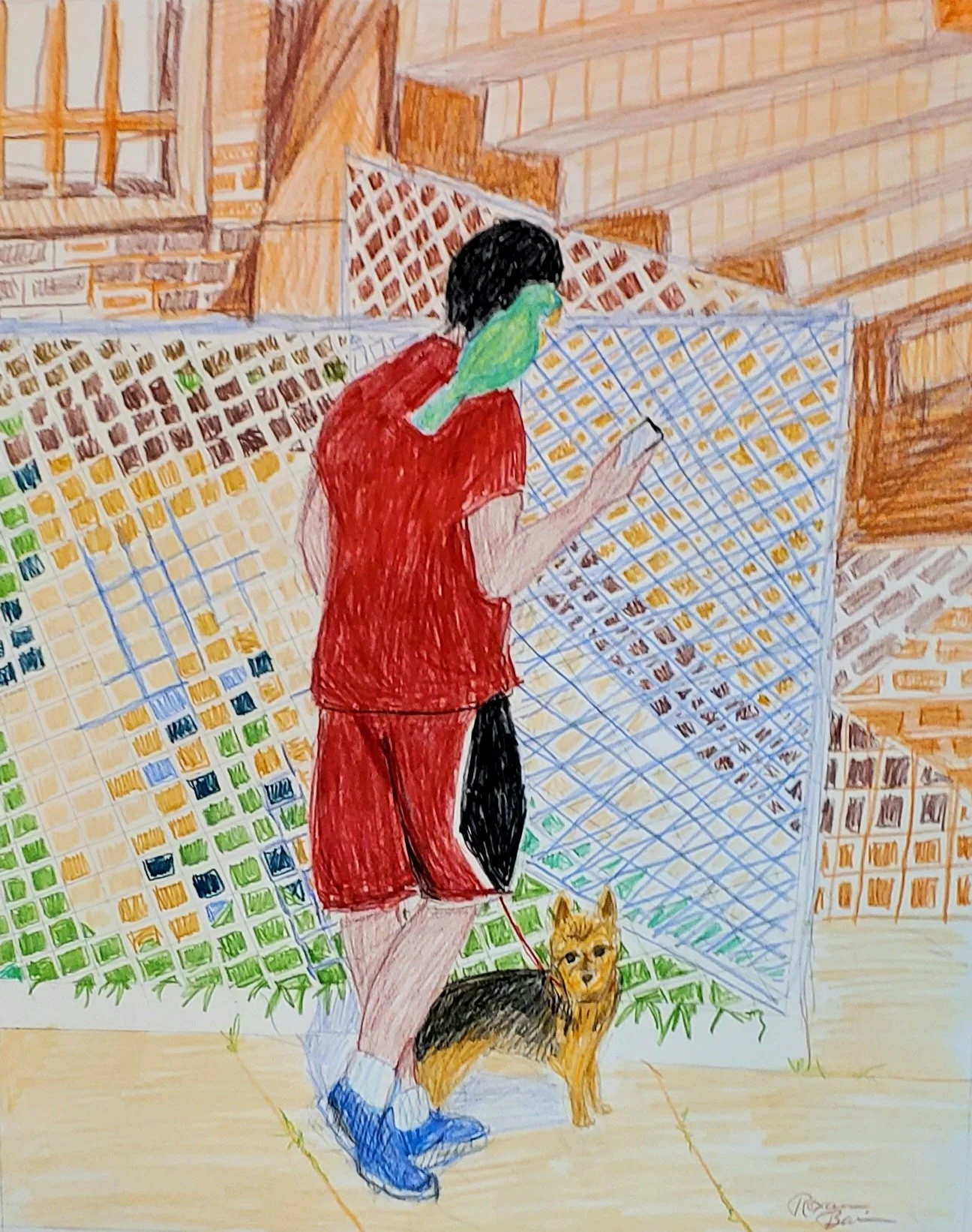 Man, Dog, Cellphone, and Parrot