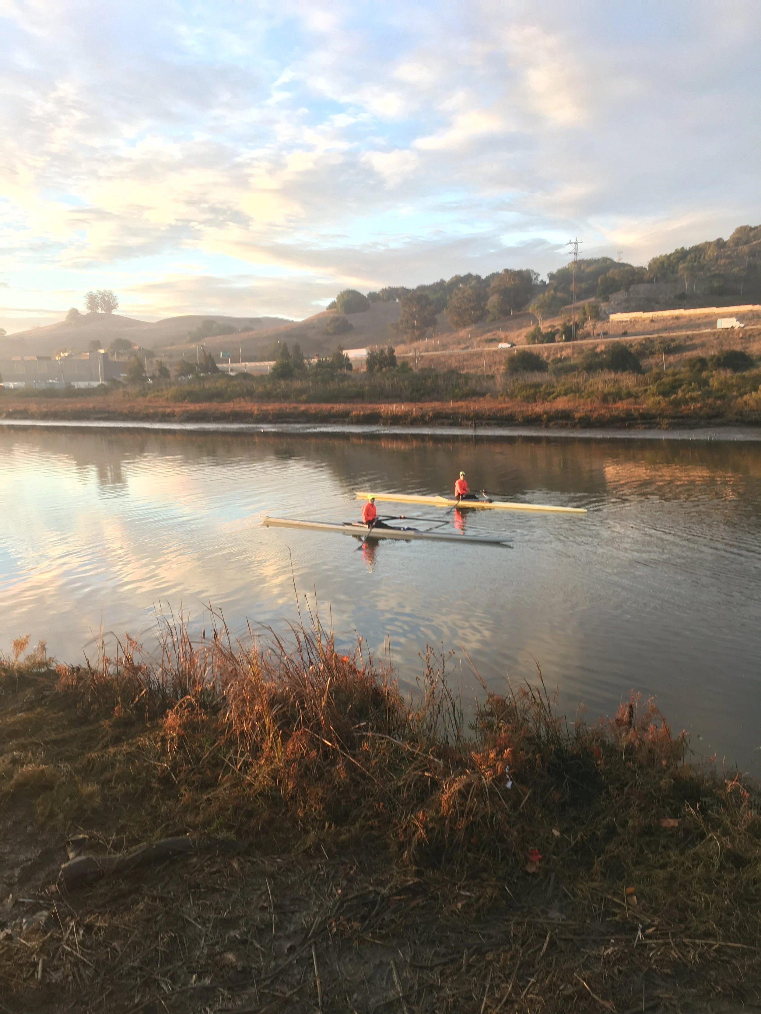 Two scullers enjoy a morning row on the ever changing Petaluma River. 2014. 