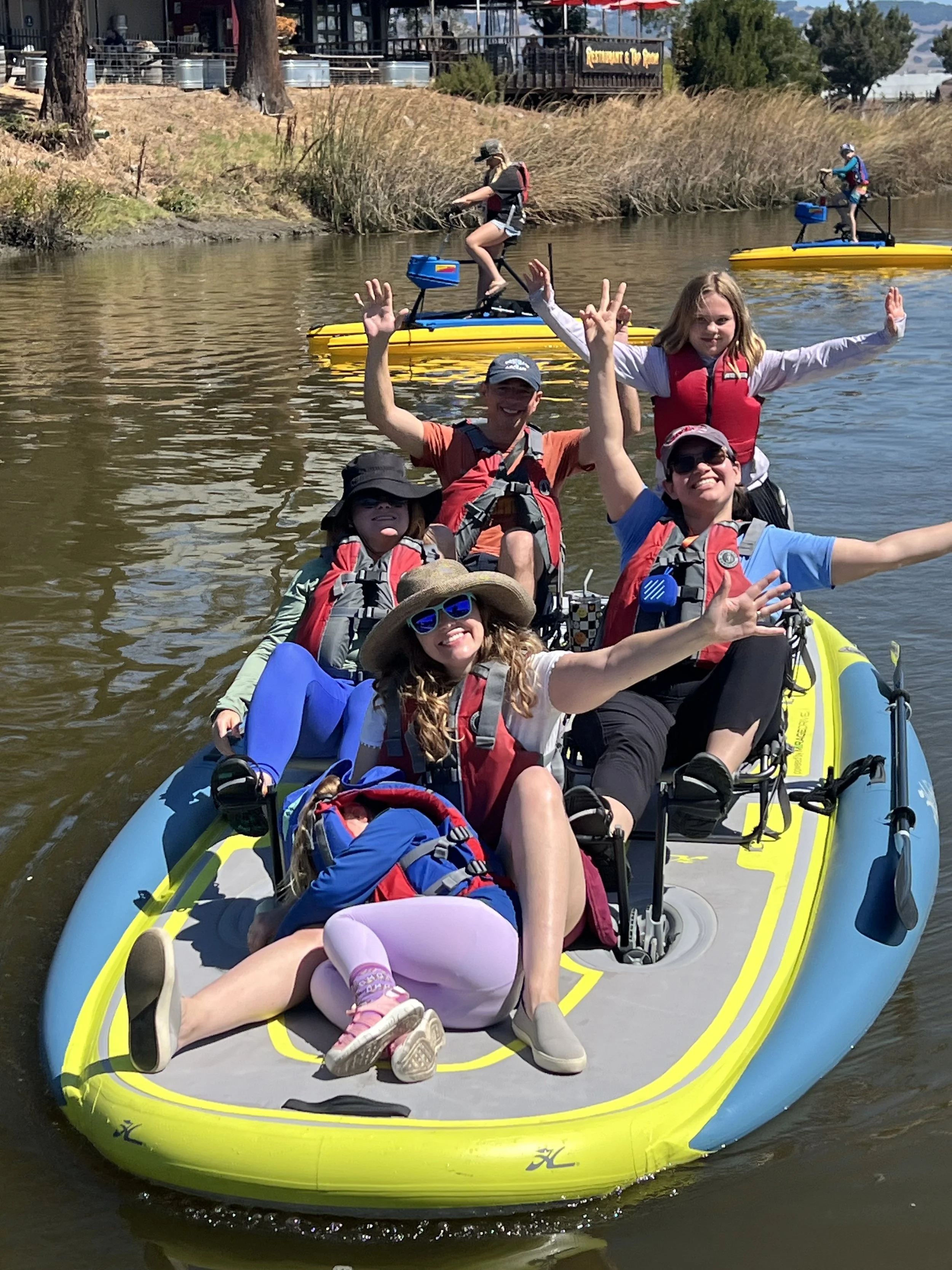 Families enjoy The Floathouse Petaluma's Hobie Fiesta, a four-person pedal raft with room for passengers and lots of fun, 2026.