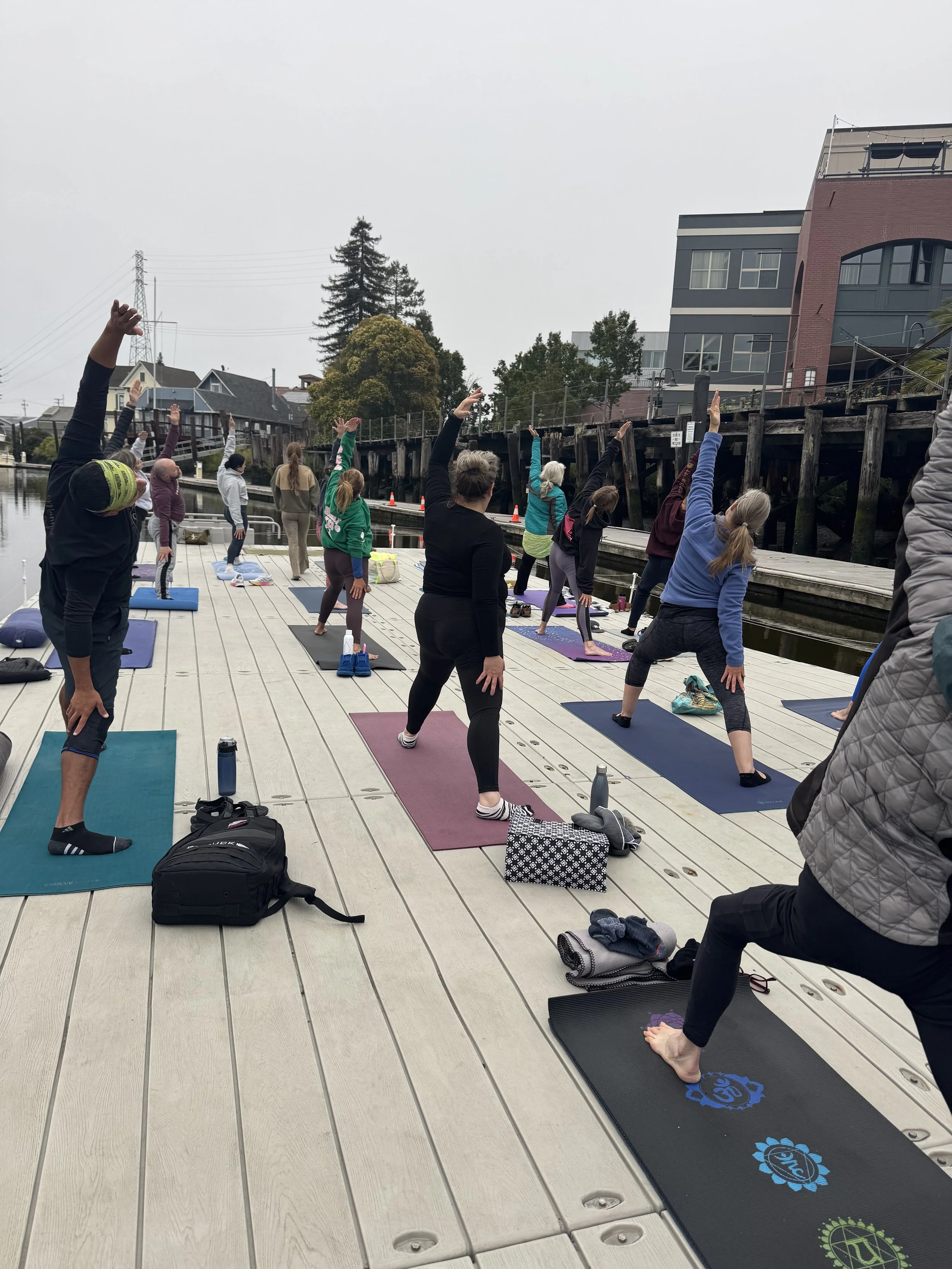 About 15 people are doing yoga on a dock. They wear colorful clothes and have their belongings near their mats. They are doing the "reverse warrior" pose, and are all different genders and ages. The sky is gray.