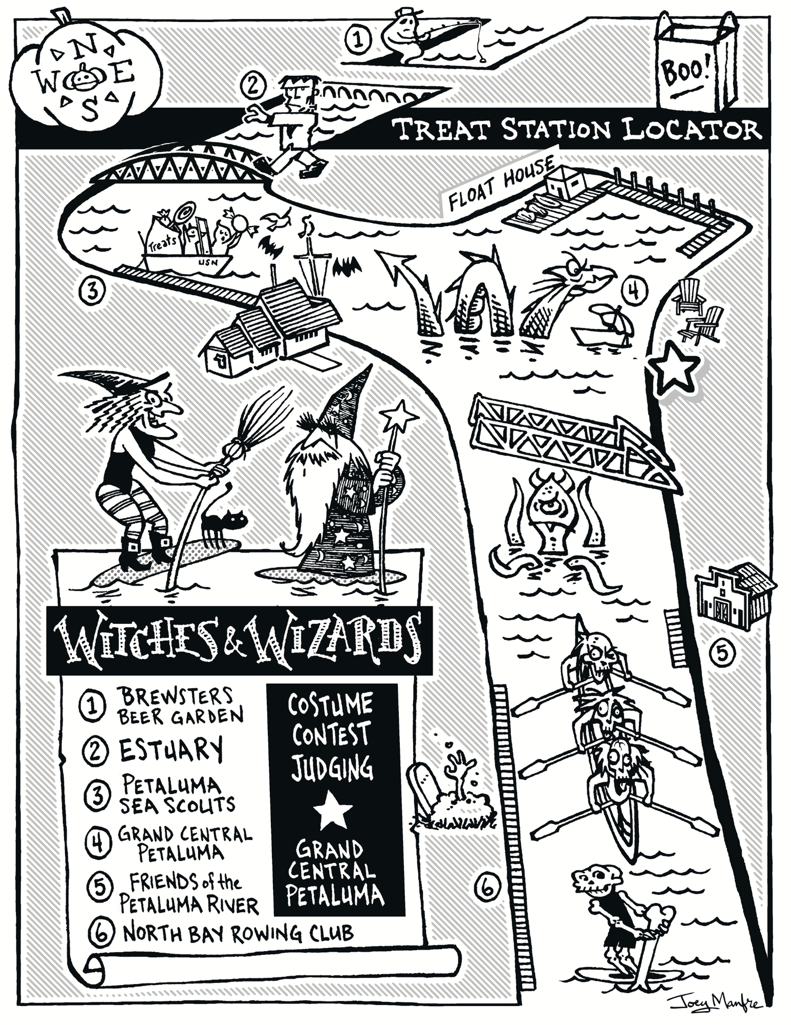 A black and white illustration of a river filled with monsters, sea serpents and boaters with a key to stops on a trick or treat trail and a location for a costume contest