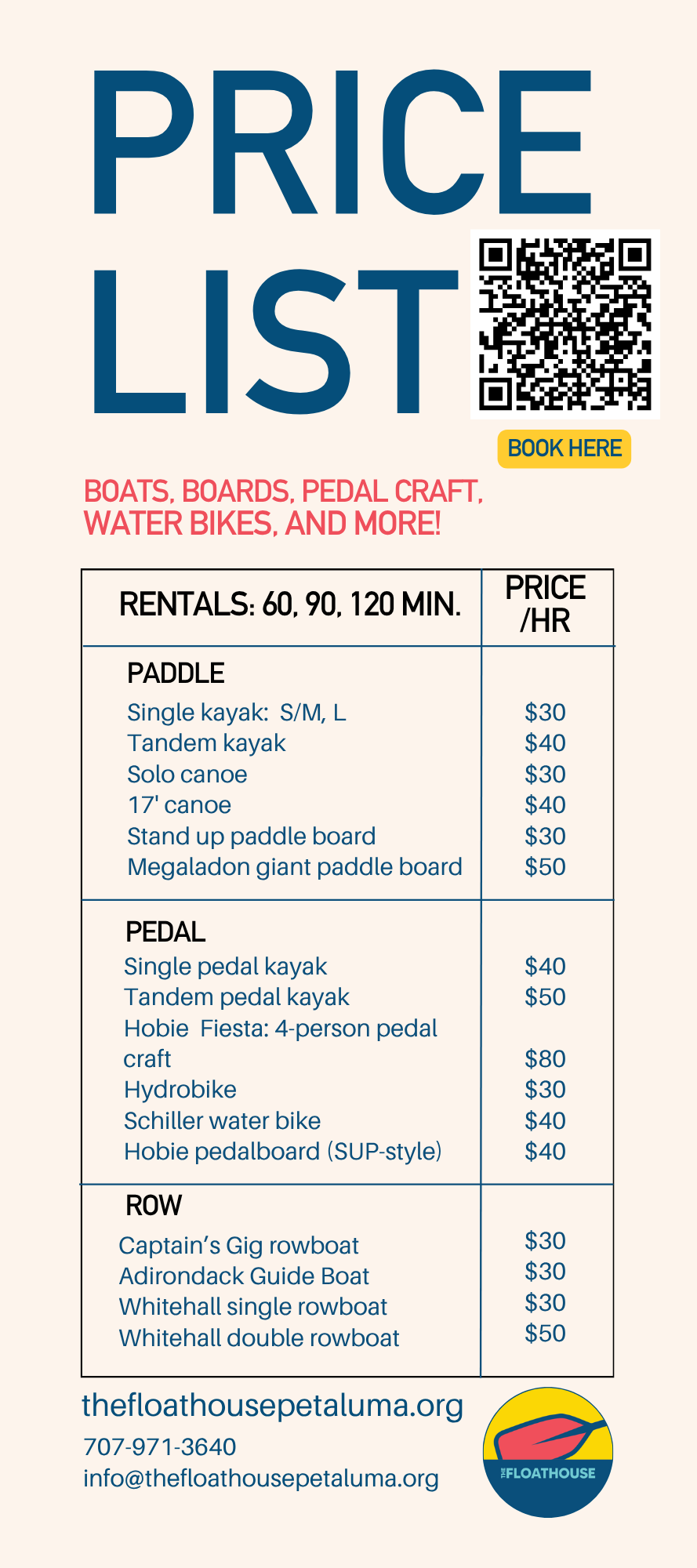 A price list in English for hourly rentals of Floathouse Petaluma boats, boards and water bikes