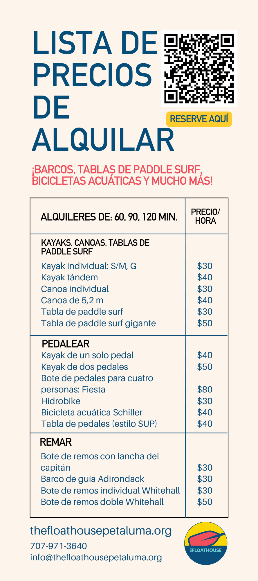 Una lista de precios en español para el alquiler por horas de botes, tablas y bicicletas acuáticas de Floathouse Petaluma.