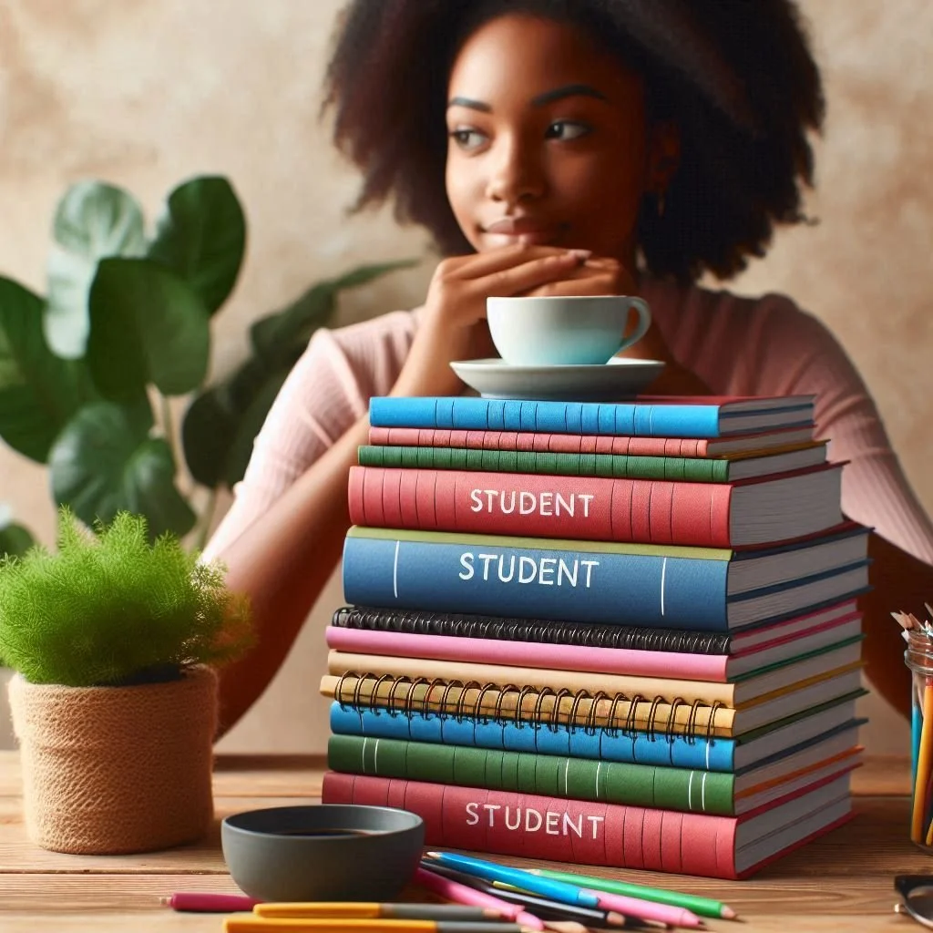 A young woman with curly hair sitting at a desk, resting her chin on her hand near a stack of colorful student notebooks and textbooks, with a coffee cup on top, and a potted plant nearby.
