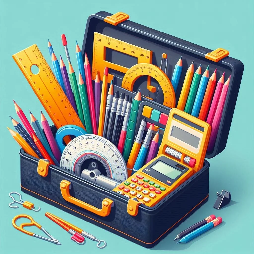 A black school bag filled with colorful rulers, pencils, pens, a calculator, a protractor, and a compass, with additional stationery items outside the bag.