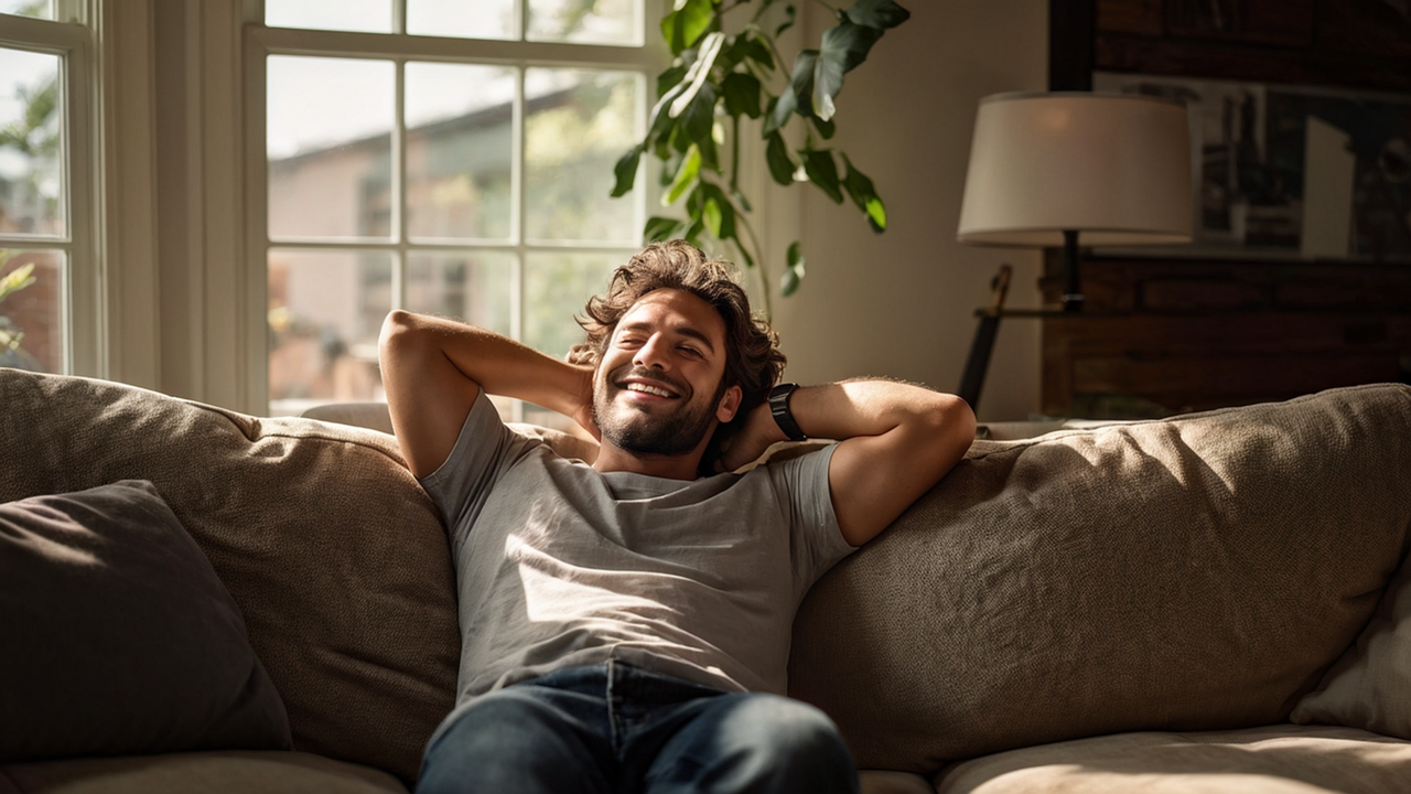 A man relaxing on a beige couch in a well-lit living room, smiling with his hands behind his head, near a large window with sunlight streaming in.