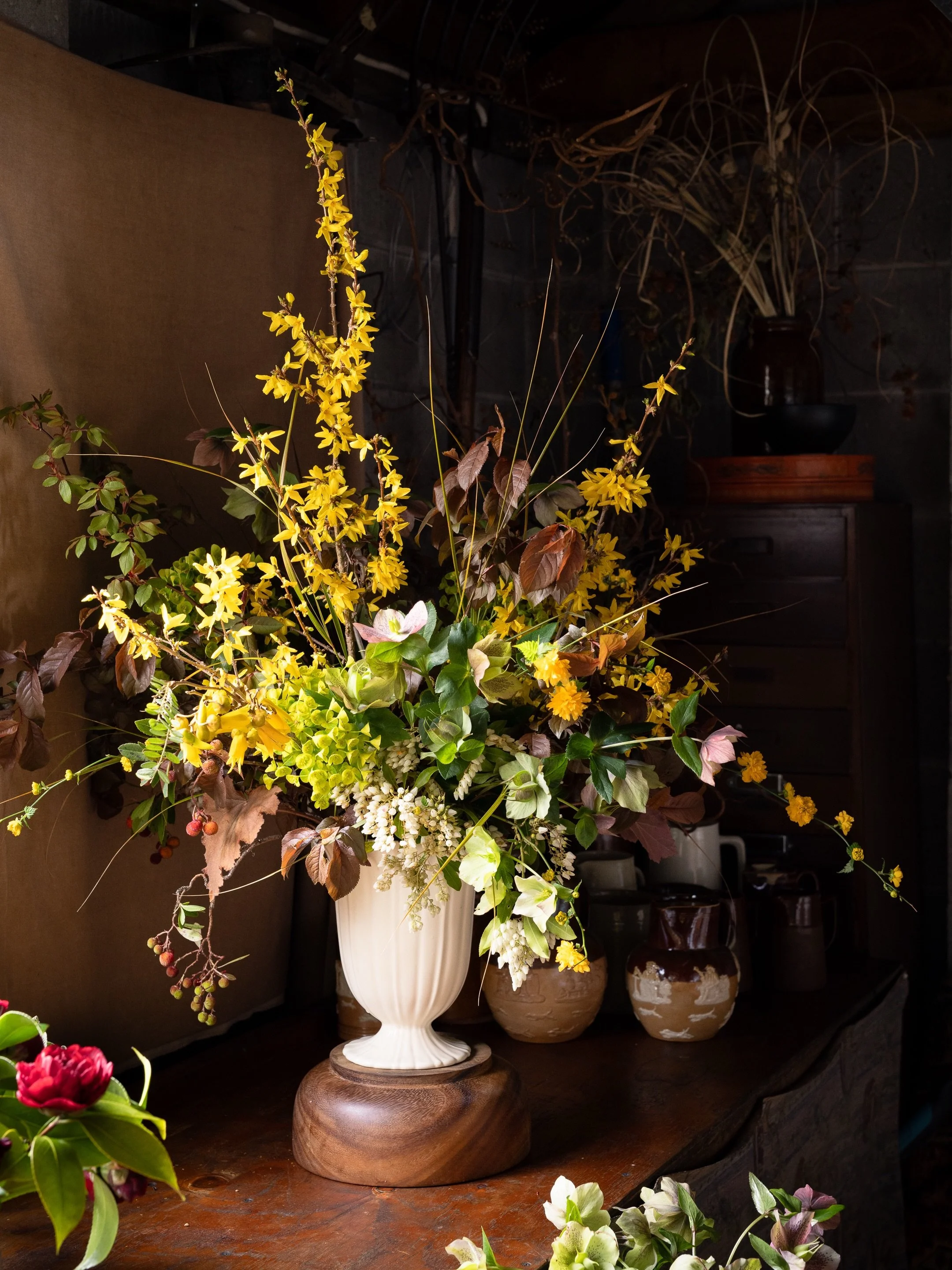 Foraged treats were the inspiration for this early spring abundance. The first to catch my eye was the forsythia. It&rsquo;s such an old fashioned shrub, rarely seen in modern gardens but I rather like it. The other that led my colour palette may not
