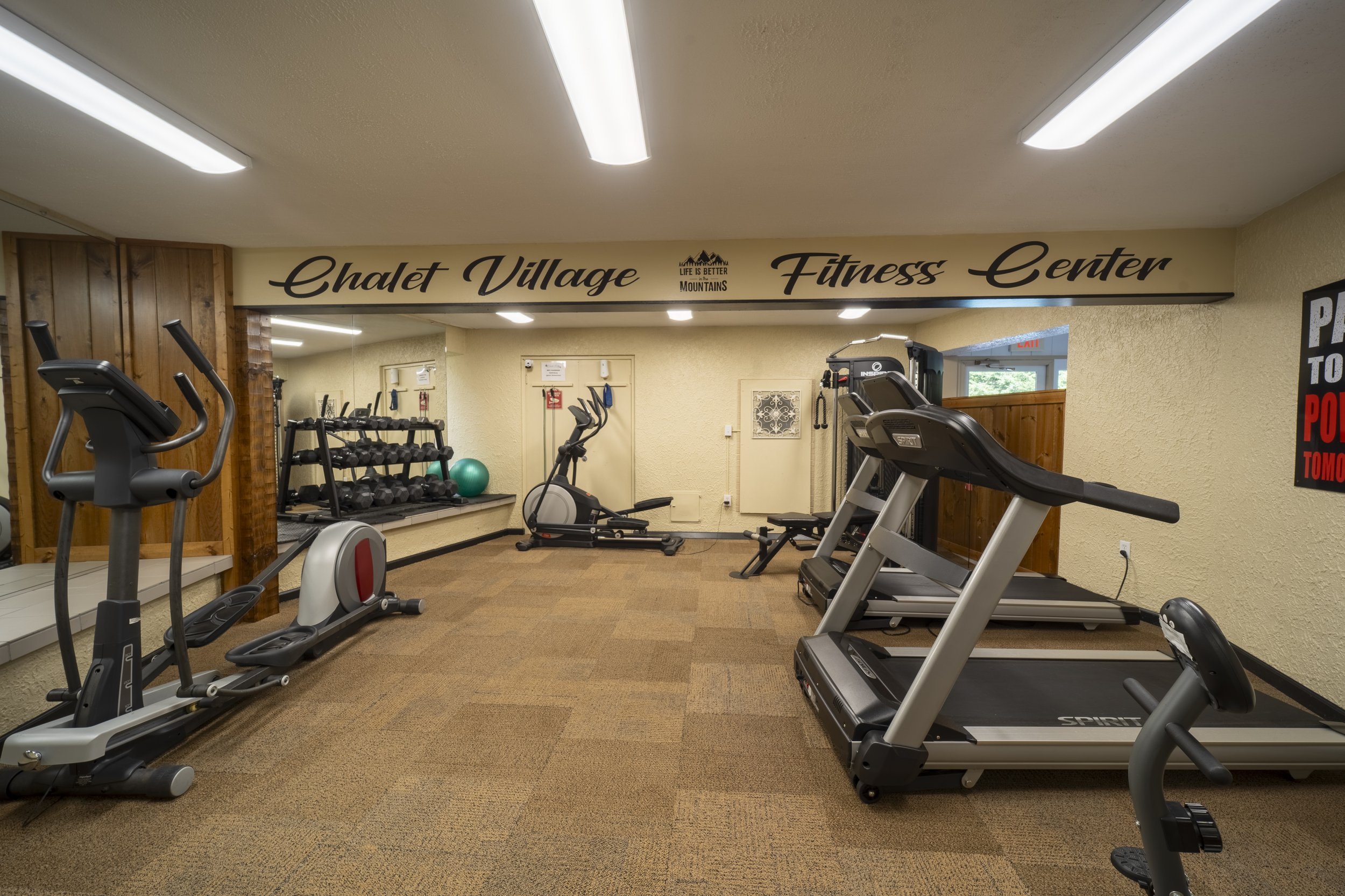 Fitness center with treadmills, elliptical, weight rack, and exercise ball inside Chalet Village Fitness Center.