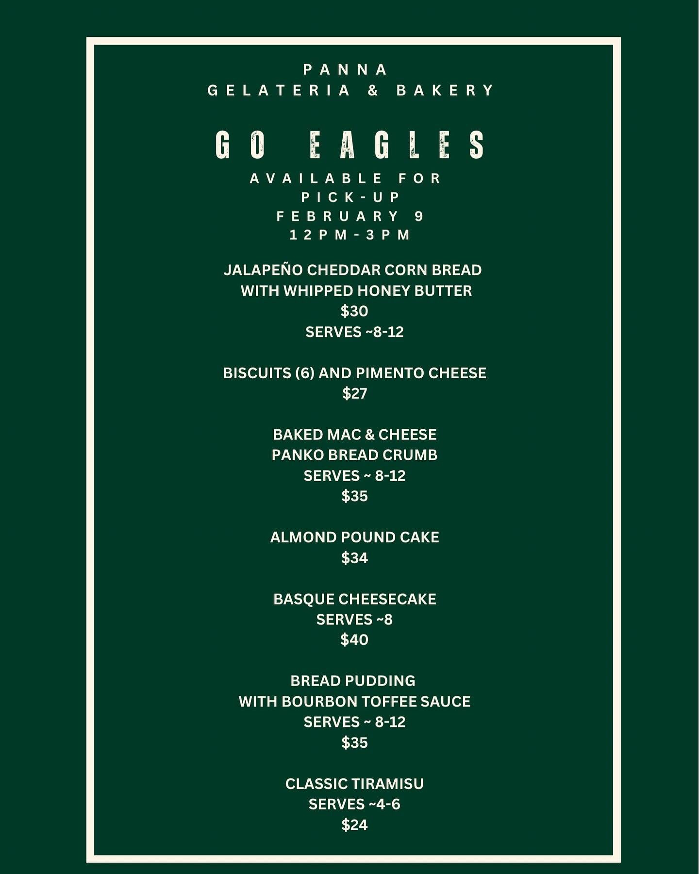 Just an updated menu with some extra options as we got quite a few requests for our Basque Cheesecake (GF). Available to order until Friday and for pick up 2/9 12-3. Go birds! 🦅 link to order in bio
