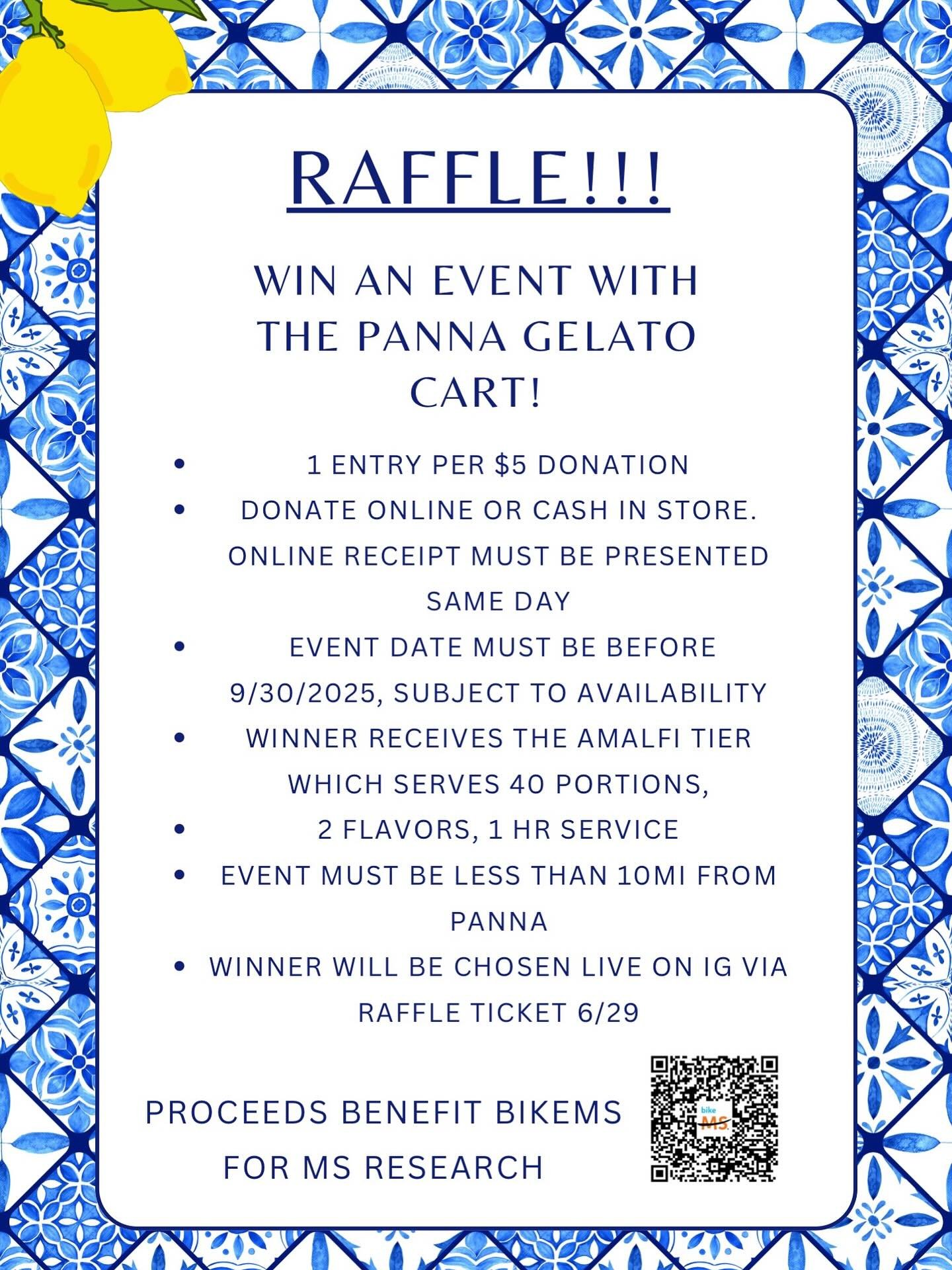 We have a Raffle Going!! You have until 6/29 to enter our raffle to win the Amalfi Tier of our gelato cart. Donations benefit BikeMS- a cause my brother has been involved with by doing a 150mi bike race, which starts 6/28. See post for details and I&