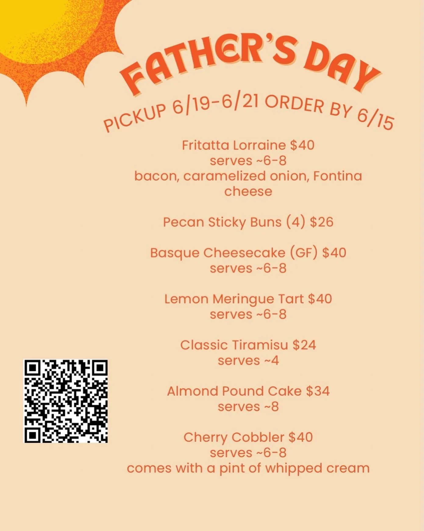Father&rsquo;s Day is Sunday 6/21, and to help plan Dad&rsquo;s celebration we have a menu of some of our summer-y classics plus a couple newbies. Order via Google Form, linked in our bio! ☀️
