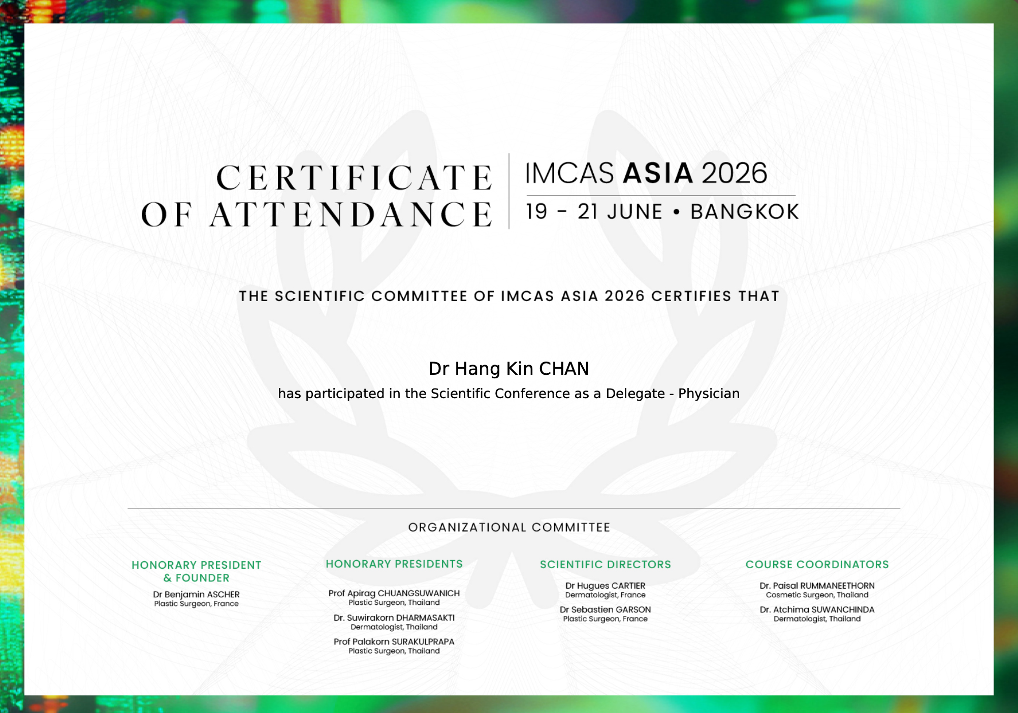 certificate of attendance for Dr Brian Hang Kin Chan attending the IMCAS Asia 2026 conference in Bangkok