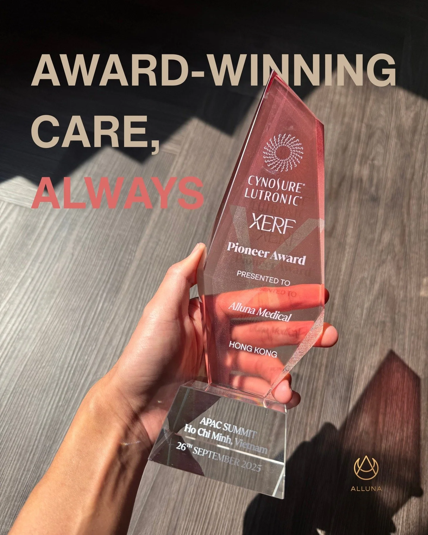 Award-winning care, always 💖

We&rsquo;re proud to share that Alluna Medical has been recognised with the XERF Pioneer Award at the Cynosure Lutronic APAC Summit 2025 in Ho Chi Minh City. ✨
This award celebrates our commitment to bringing the latest