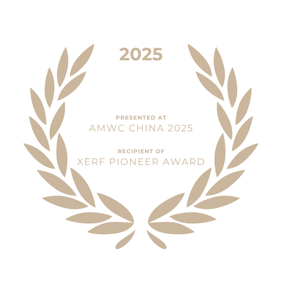 Award certificate with laurel wreath design, recognizing a XERF pioneer award and amwc china speaker 2025