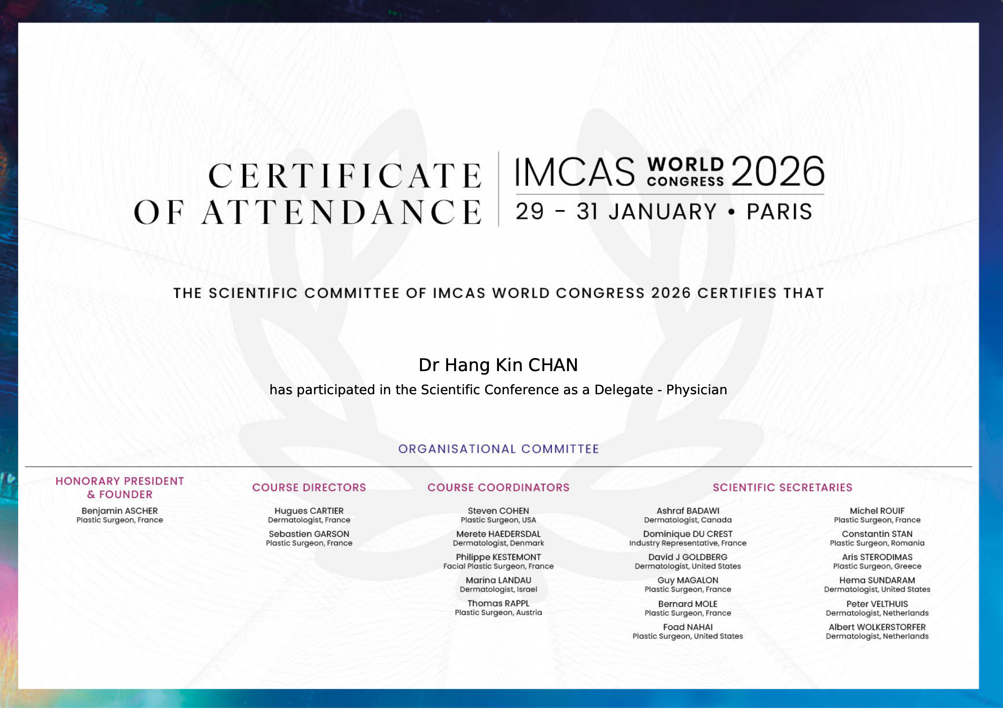 Dr Brian Hang Kin Chan IMCAS World Congress Paris 2026