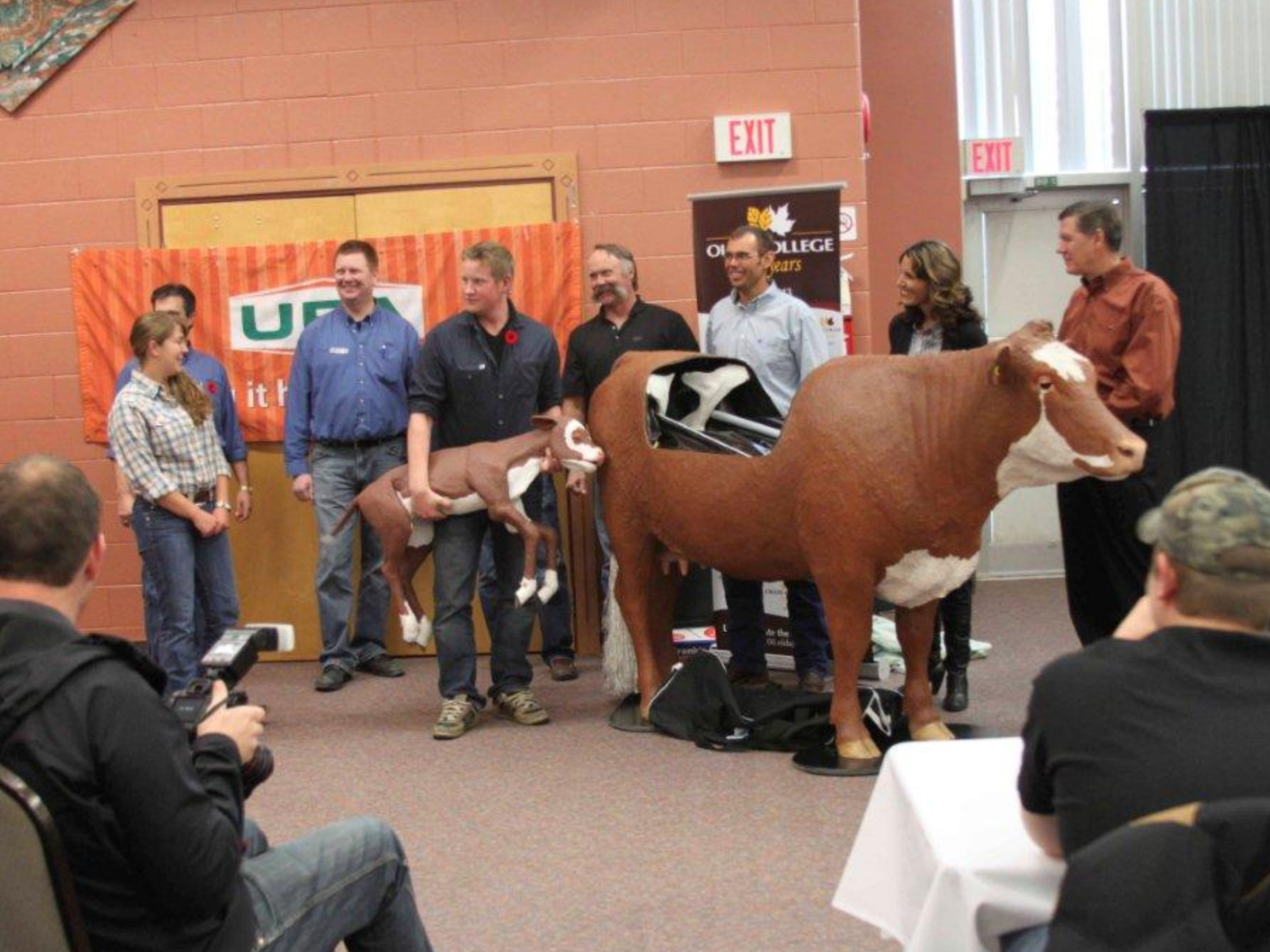  “Lucy” and “Lou” being presented to Olds College staff and faculty by the UFA team. The bovine dystocia simulator was purchased and donated to Olds Agricultural College by UFA which has a long-standing association with the college. 