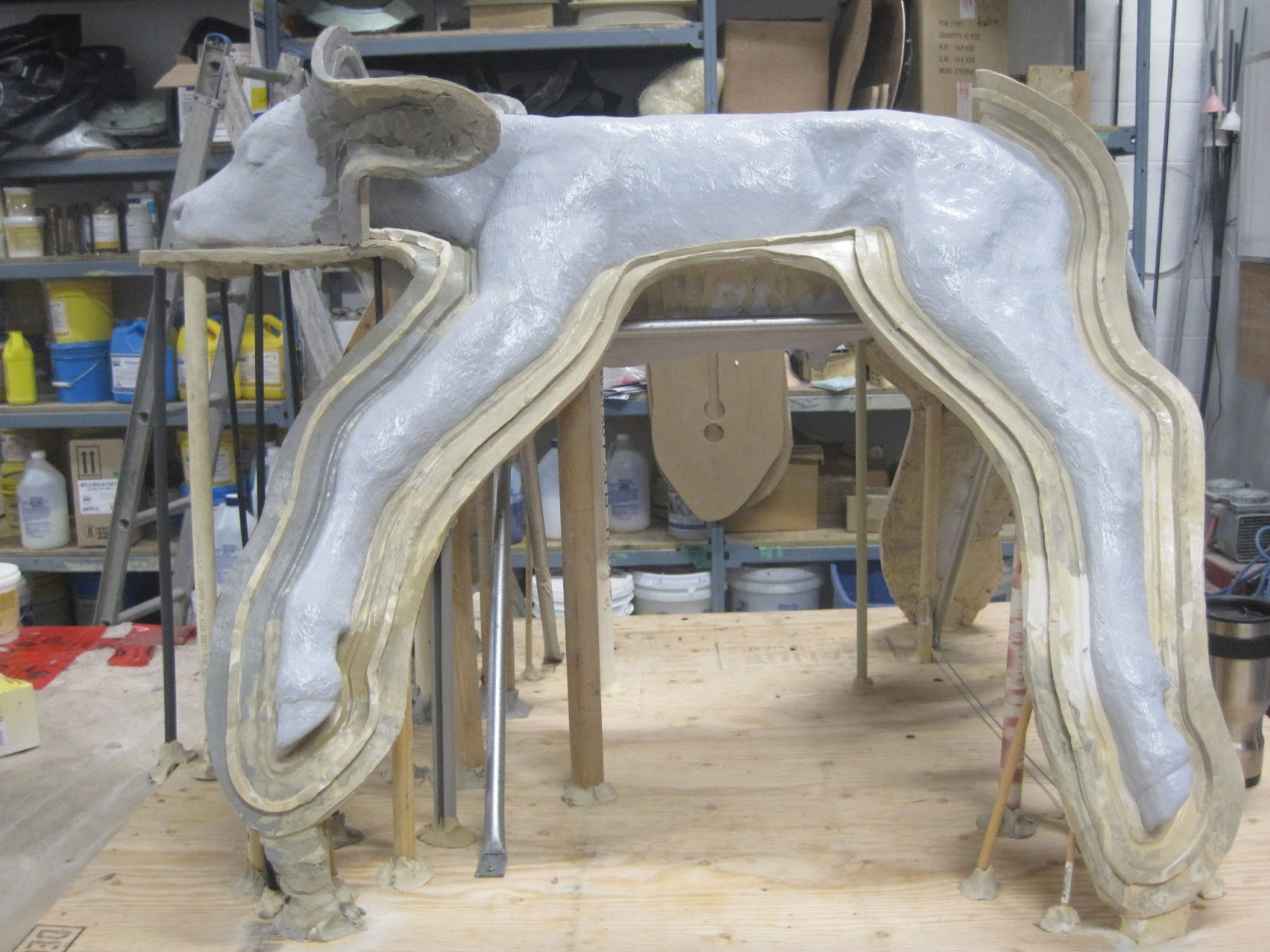  Here the dystocia calf model is being prepared to create a new mold. Improvements are being made during this process that will improve the quality of the finished product. 