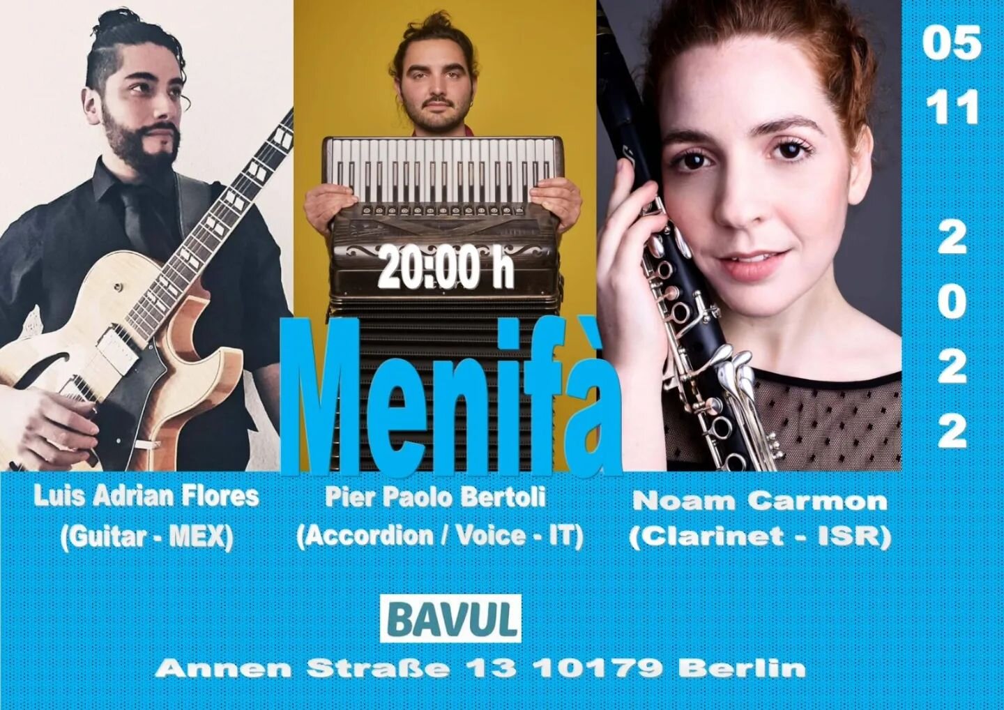 Heeey gente!!!

Don't miss our next concert this Saturday at 8:00 p.m. at @bavulcafeberlin 

See you there!!!
.
.
.
.
.
.
#menif&agrave;trio #latinjazz #latinjazzmusician #jazzguitar #acordeon #clarinet #latinmusic #worldmusic #latinjazzband #latinja
