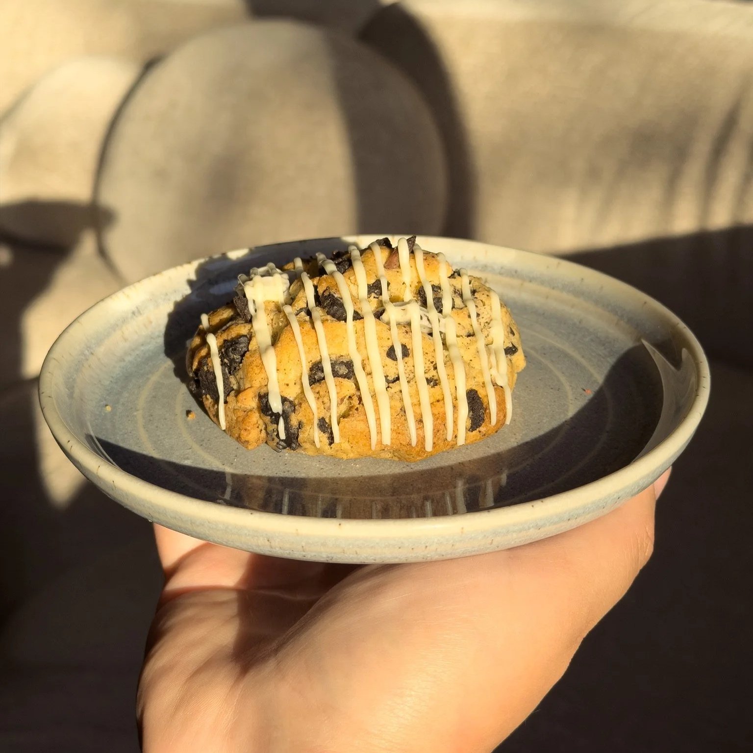 A person holding a ceramic plate with a large chocolate chip cookie drizzled with white chocolate, set outdoors with sunlight.
