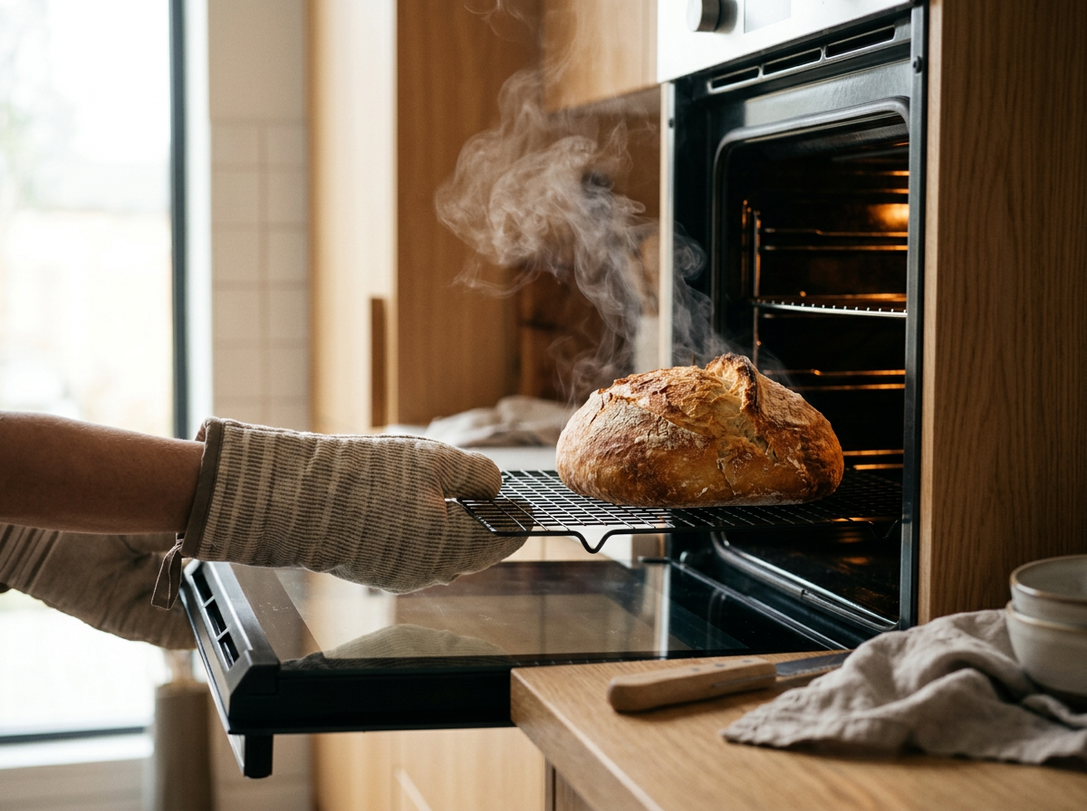 Person pulling out a freshly baked bread from an oven