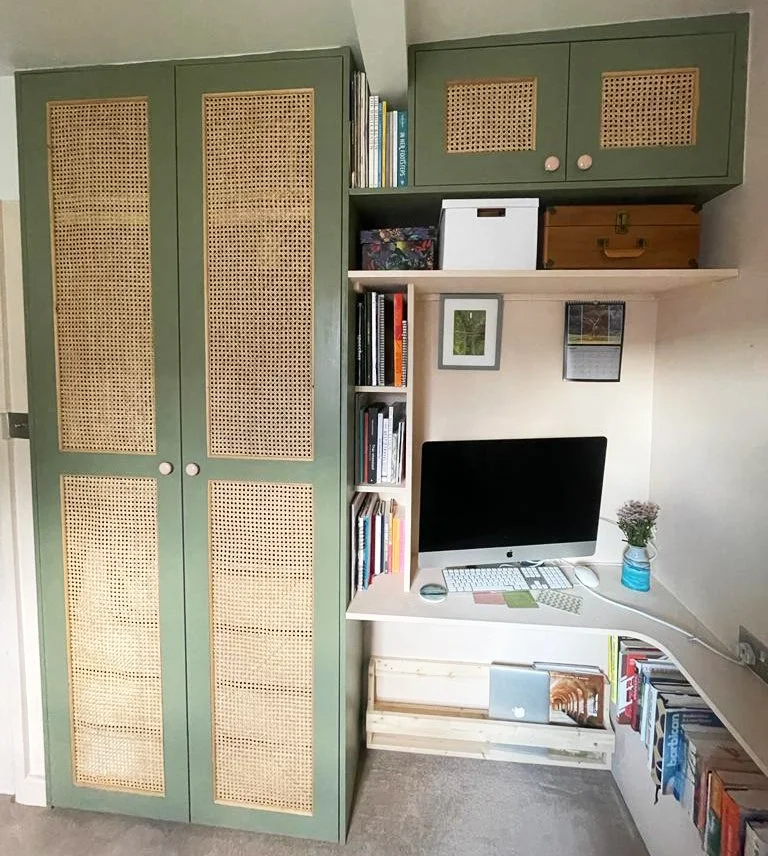 Handmade wardrobe and matching cupboards with handmade rattan doors.