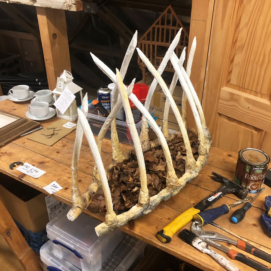 A bear trap made from a wolfs ribcage. Some prop making for a BBC production.